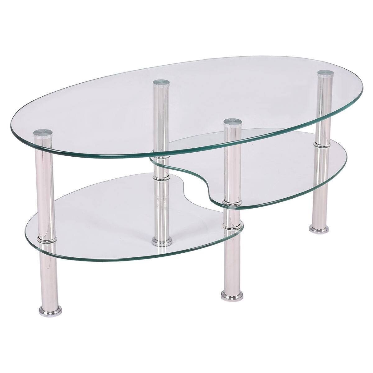 Angle. Hivvago - Modern Oval Tempered Glass Coffee Table with Bottom Shelf - Transperant.