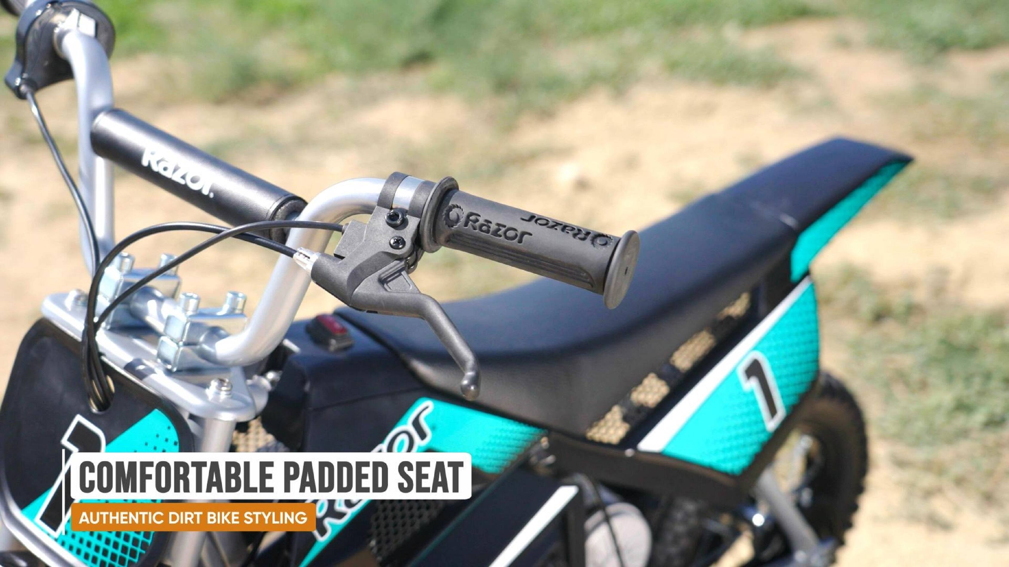 The correct text is: "Razon Razor JOZeG COMFORTABLE PADDED SEAT AUTHENTIC DIRT BIKE STYLING 1."