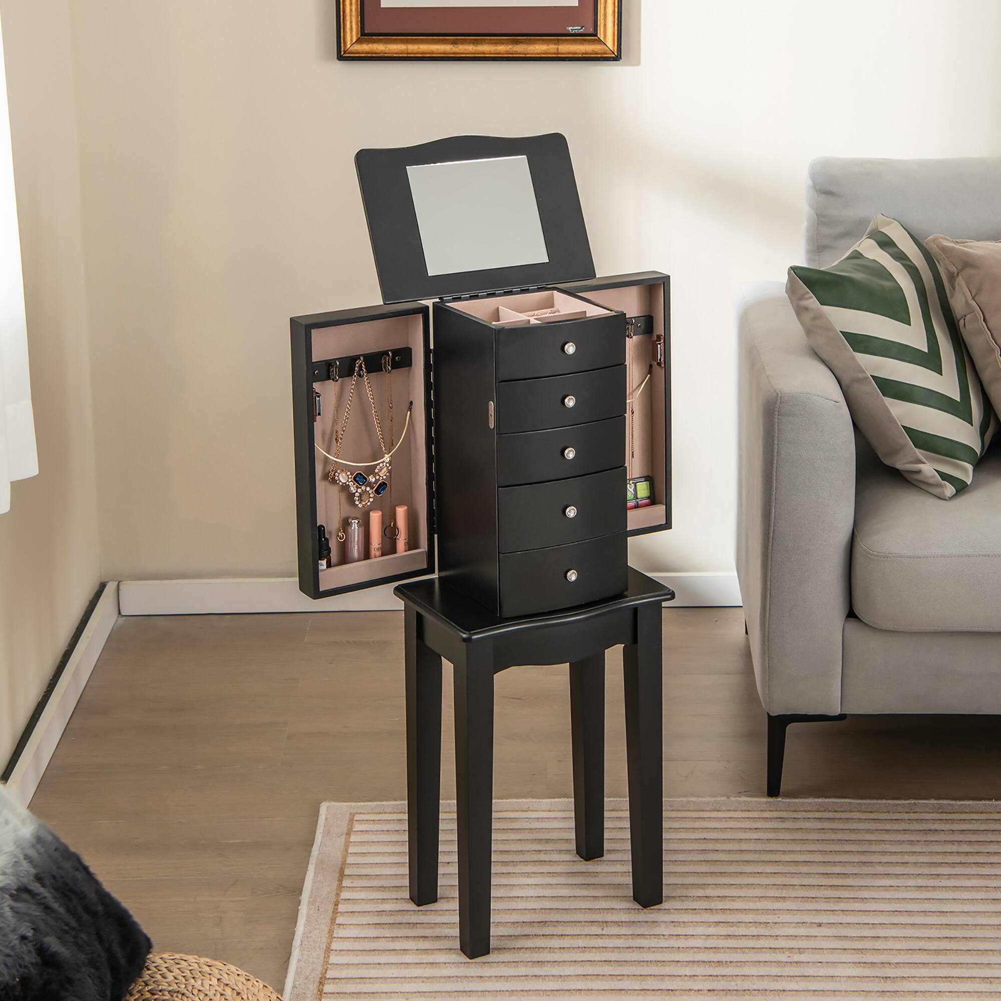 Alt View 3. Gymax - Gymax Jewelry Armoire w/ Top Flip Mirror Standing Jewelry Chest w/ 4 Drawers Black - Black.