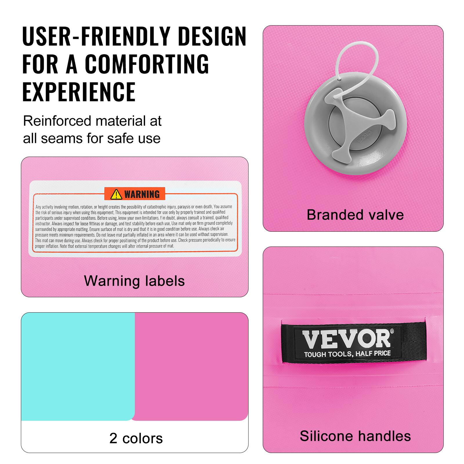 USER-FRIENDLY DESIGN FOR A COMFORTING EXPERIENCE
Reinforced material at all seams for safe use

WARNING
Any activity involving motion, rotation, or height creates the possibility of catastrophic injury, paralysis, or even death. You assume the risk of serious injury when using this equipment. This equipment is intended for use only by properly trained and qualified participants under supervised conditions. Before using, know your limitations. I'm not liable, always consult a trained qualified instructor. Always inspect for loose fittings and nest stability. Ensure surface of mat is dry and it is in good condition before use. Always check air pressure meets minimum requirements. Do not leave mat partially inflated in an area where it can be used without supervision. This mat can move during use. Always check for proper positioning of the product before use. Check pressure periodically to ensure proper inflation. Note that external temperature changes will alter internal pressure of mat.
