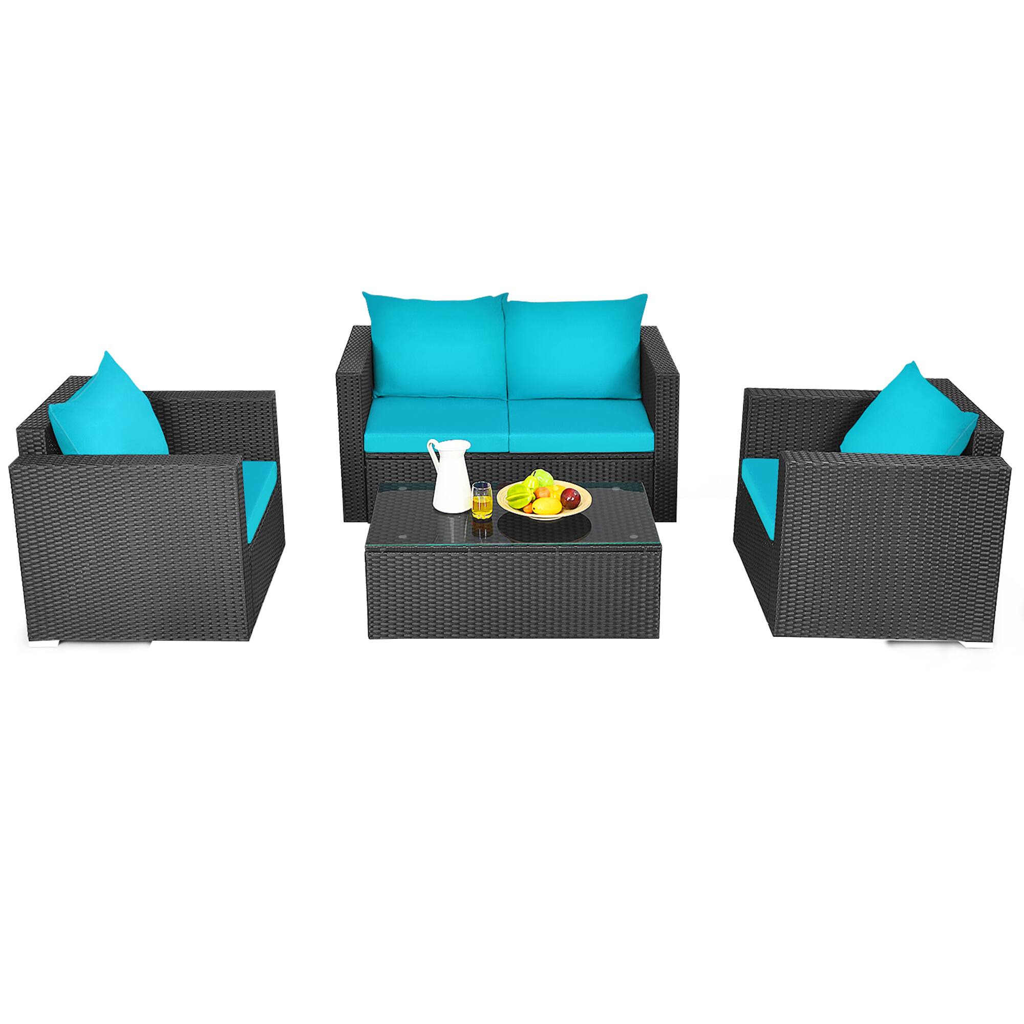 Alt View 1. Gymax - Gymax 4PCS Rattan Patio Conversation Set Outdoor Furniture Set w/ Turquoise Cushions - Turquoise.