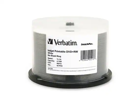 Verbatim. DataLifePlus. Inkjet Printable DVD+RW White No Stack Ring Speed: 1x-4x 95213 8 Capacity: 4.7GB P/N: 95213 Qty: 50 PCS CAUTION For optimal performance, check your drive manufacturer's website and apply the latest firmware.