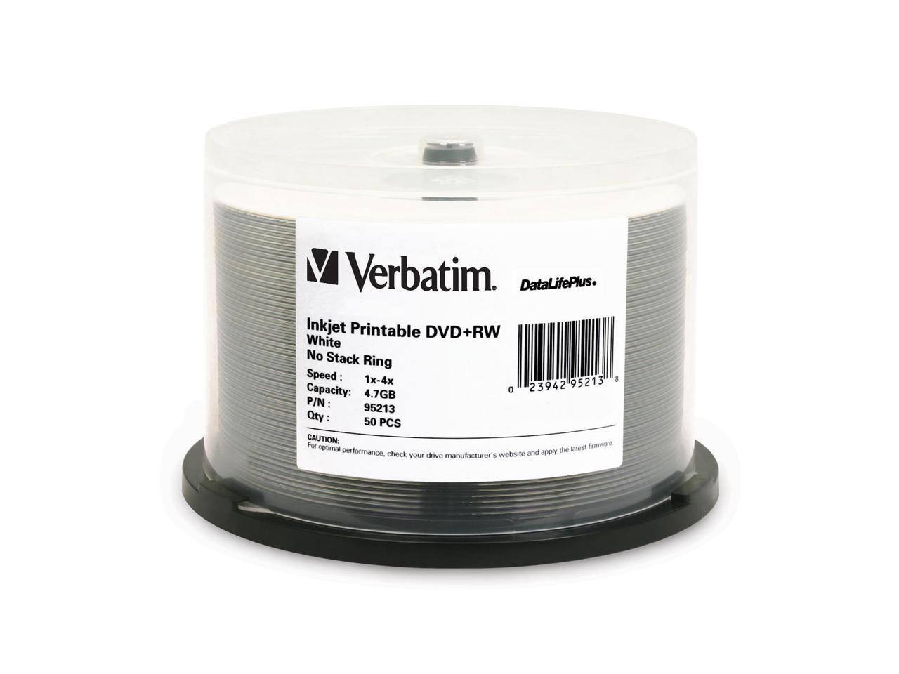 Verbatim. DataLifePlus. Inkjet Printable DVD+RW White No Stack Ring Speed: 1x-4x 95213 8 Capacity: 4.7GB P/N: 95213 Qty: 50 PCS CAUTION For optimal performance, check your drive manufacturer's website and apply the latest firmware.
