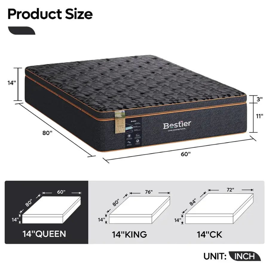 Product Size:
14" 3" 80" - 3 Bestier nt Lave coming 11" - 60" + 14" 80" 60" 80" + 14' + 76" + 14' + 84" 72" 14"

Queen: 14"
King: 14"
CK: 14"
