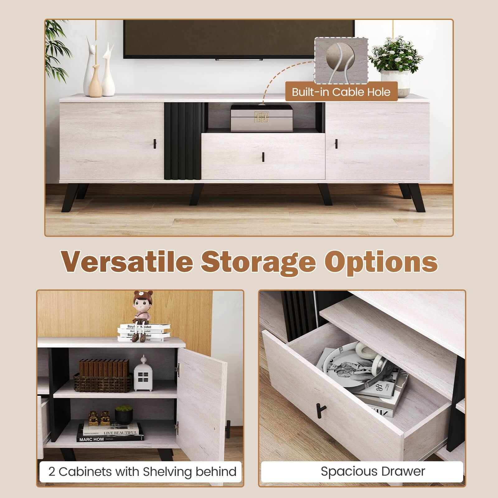 Versatile Storage Options:

1. Built-in Cable Hole
2. 2 Cabinets with Shelving behind
3. Spacious Drawer