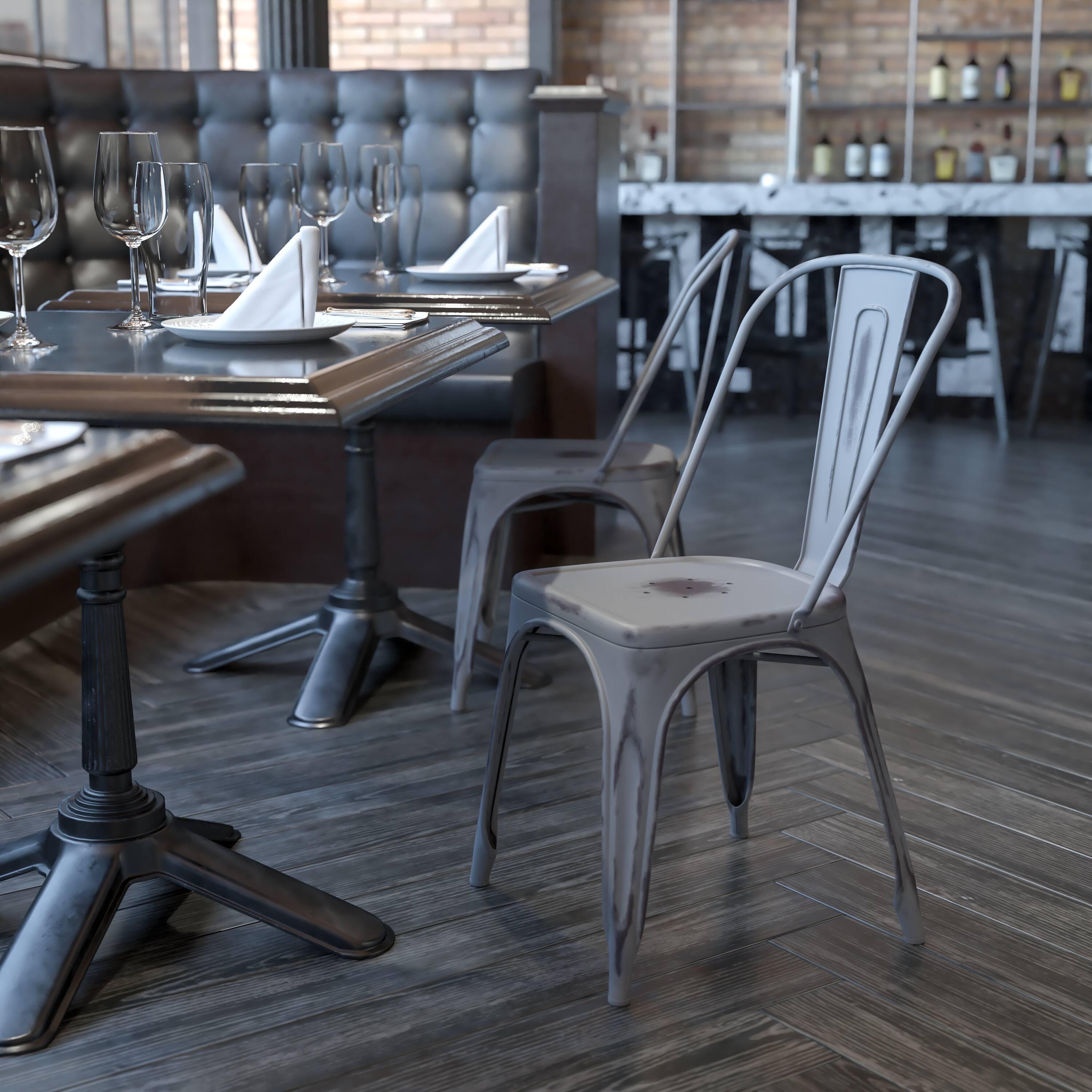 Alt View 1. Emma + Oliver - Commercial Grade Distressed Colorful Metal Indoor-Outdoor Stackable Chair - Silver Gray.