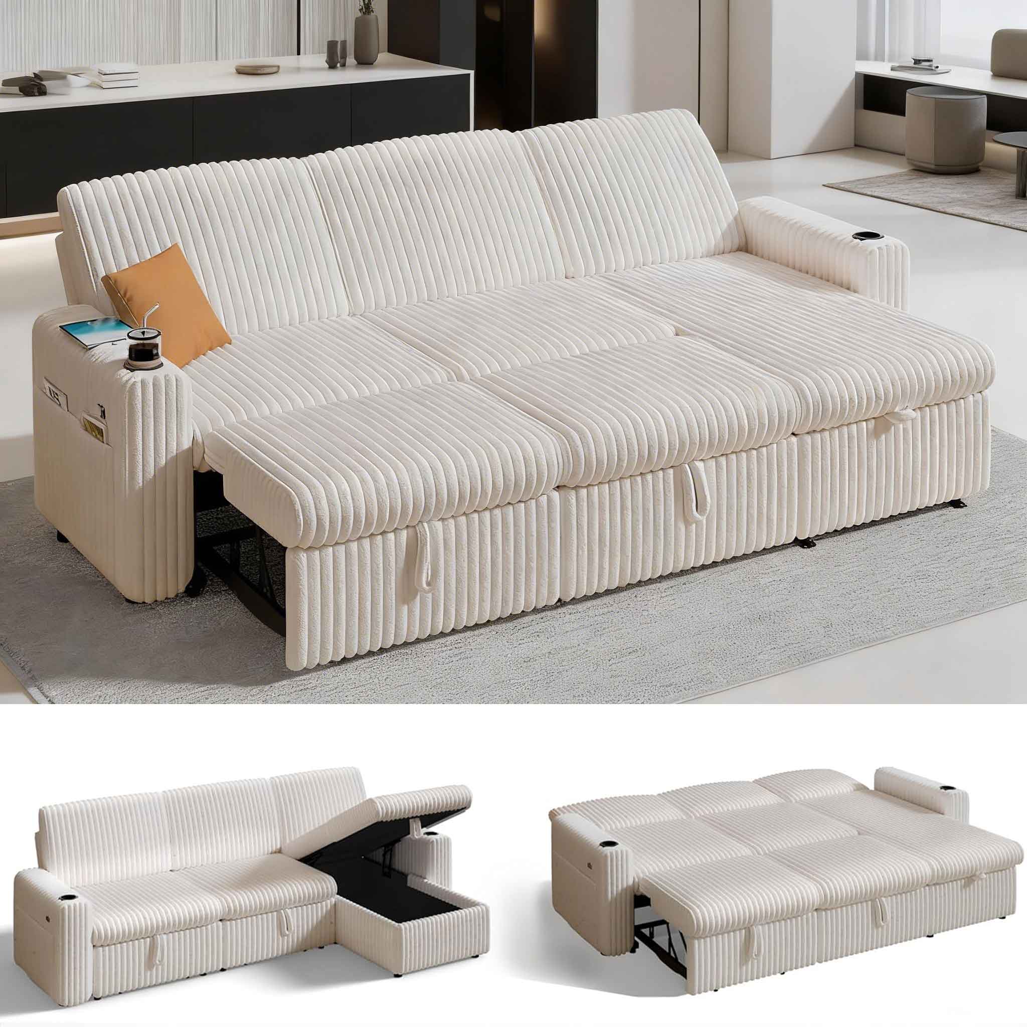 Front. Dyonery - Dyonery 101" Sleeper Sofa Bed, Pull-Out Bed, Reclining Backrest, Reversible Storage, USB Ports & Cup Holders,Beige - Beige.