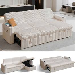 Dyonery - 101" Sleeper Sofa Bed, Pull-Out Bed, Reclining Backrest, Reversible Storage, USB Ports & Cup Holders,Beige - Beige