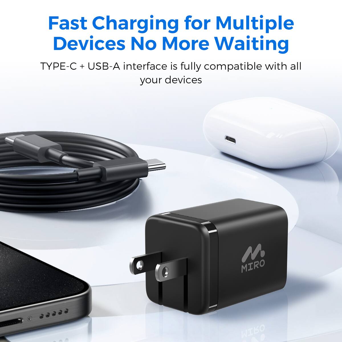 Fast Charging for Multiple Devices No More Waiting
TYPE-C + USB-A interface is fully compatible with all your devices
MIRO
