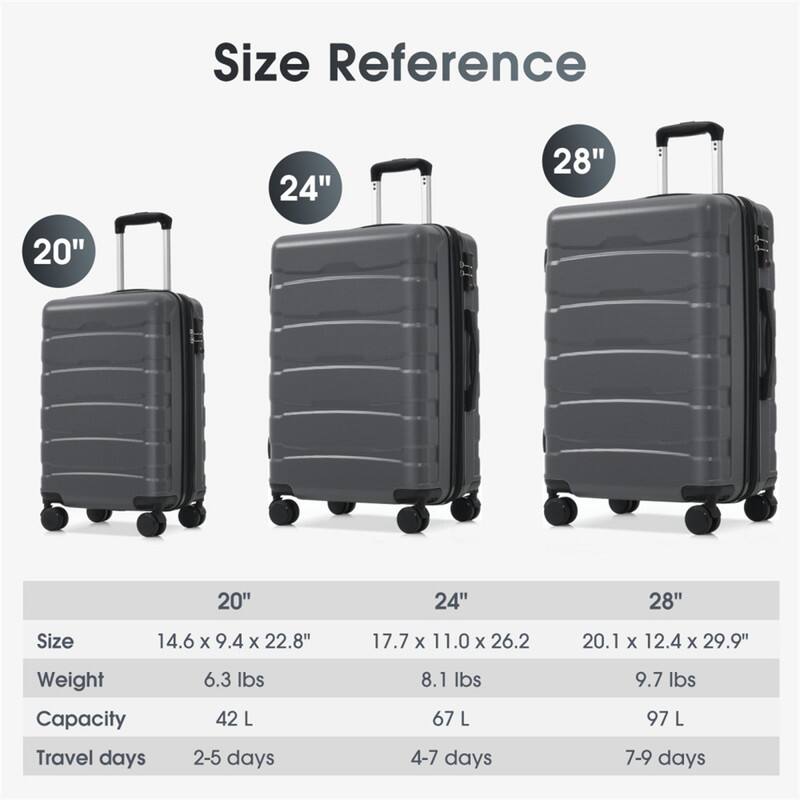 Size Reference

20"  
Size: 14.6 x 9.4 x 22.8"  
Weight: 6.3 lbs  
Capacity: 42 L  
Travel days: 2-5 days

24"  
Size: 17.7 x 11.0 x 26.2"  
Weight: 8.1 lbs  
Capacity: 67 L  
Travel days: 4-7 days

28"  
Size: 20.1 x 12.4 x 29.9"  
Weight: 9.7 lbs  
Capacity: 97 L  
Travel days: 7-9 days