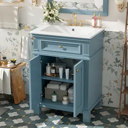 Front. Whisen - 35" MDF Wall Mounted Bathroom Medicine Cabinet Mirror Storage Vanity Cupboard with 6 Open Shelves - Indigo Blue.