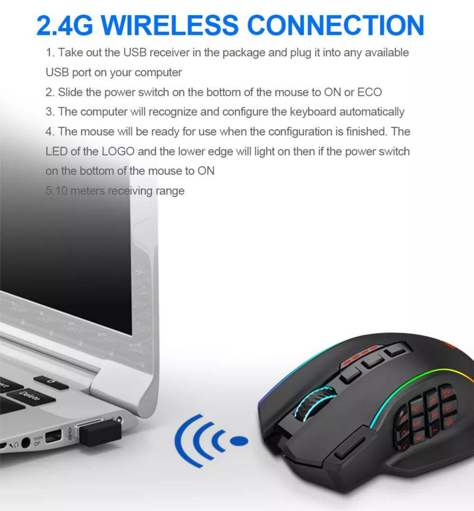 2.4G WIRELESS CONNECTION

1. Take out the USB receiver from the package and plug it into any available USB port on your computer.
2. Slide the power switch on the bottom of the mouse to ON or ECO.
3. The computer will recognize and configure the keyboard automatically.
4. The mouse will be ready for use when the configuration is finished. The LED of the logo and the lower edge will light on then if the power switch on the bottom of the mouse is set to ON.
5. 10 meters receiving range.