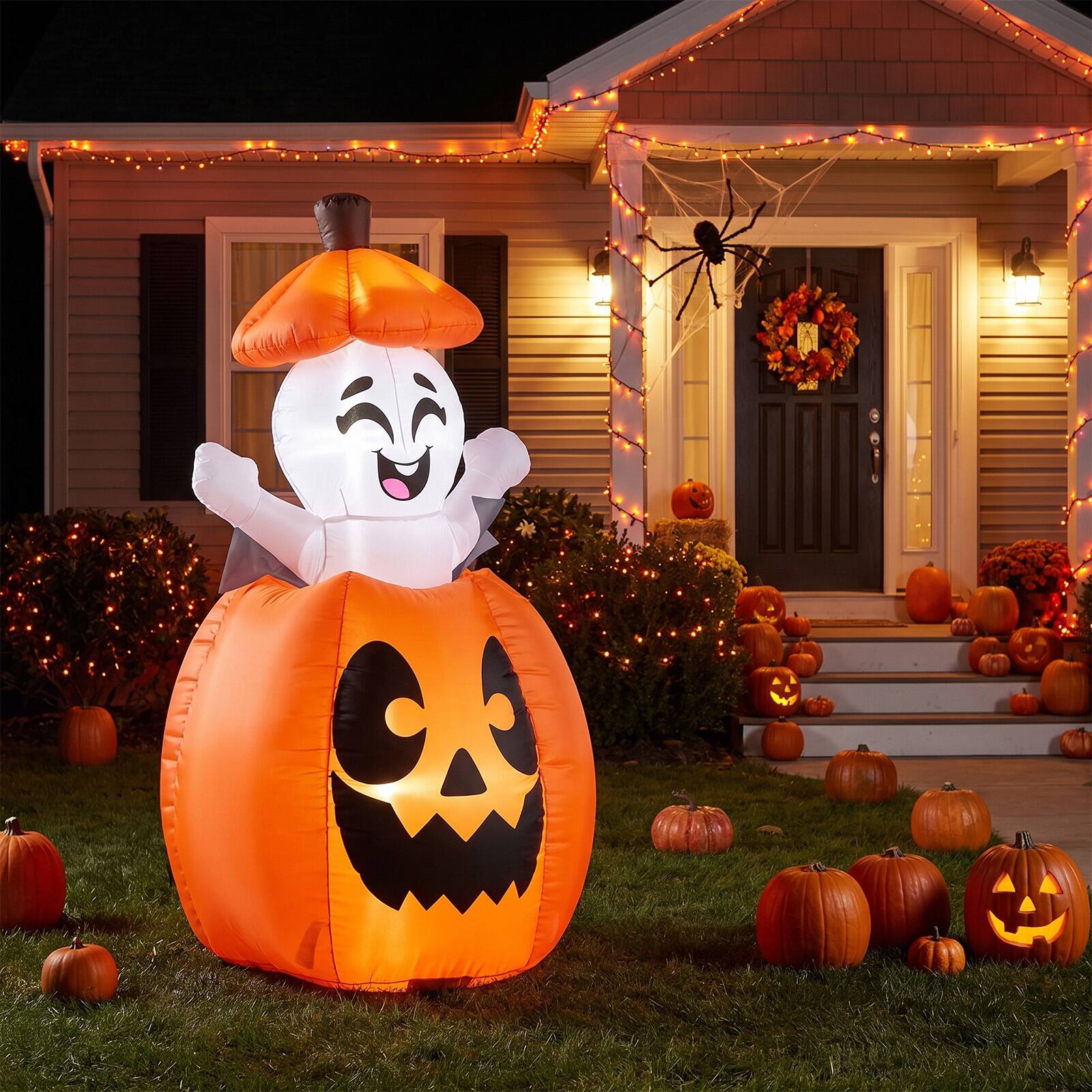 Alt View 3. Costway - Costway 5 FT Animated Halloween Inflatable Pumpkin & Rising Ghost with Built-in LED Lights - Orange + White.