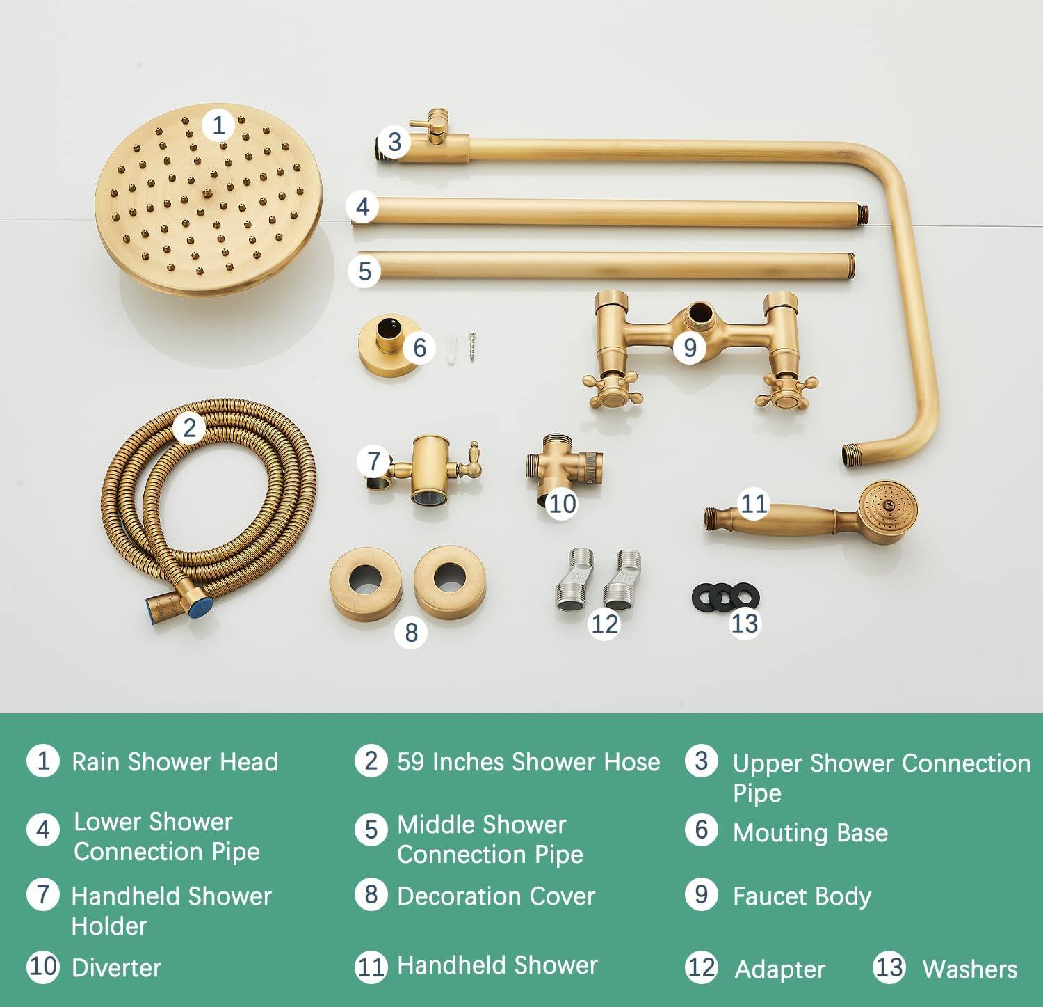 1. Rain Shower Head  
2. 59 Inches Shower Hose  
3. Upper Shower Connection Pipe  
4. Lower Shower Connection Pipe  
5. Middle Shower Connection Pipe  
6. Mounting Base  
7. Handheld Shower Holder  
8. Decoration Cover  
9. Faucet Body  
10. Diverter  
11. Handheld Shower  
12. Adapter  
13. Washers