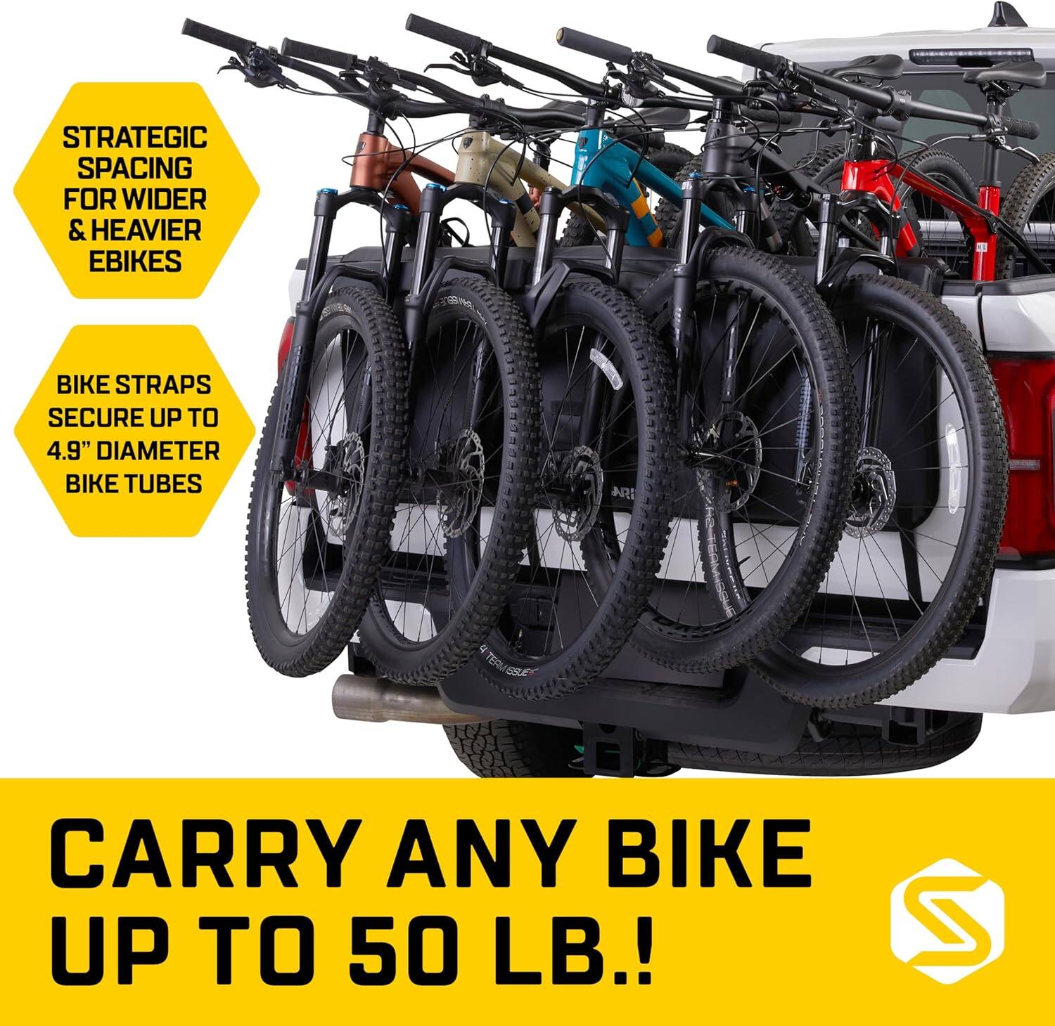 STRATEGIC SPACING FOR WIDER & HEAVIER EBIKES, BIKE STRAPS SECURE UP TO 4.9" DIAMETER BIKE TUBES, CARRY ANY BIKE UP TO 50 LB.!