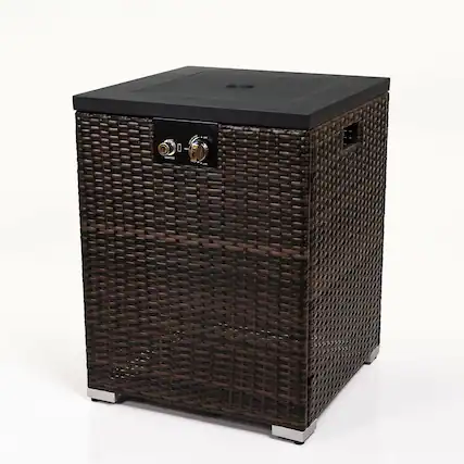 Front. Boyel Living - 22 Inch Square Outdoor Propane Fire Pit Table with Steel Top and Wicker Base - Dark Brown.