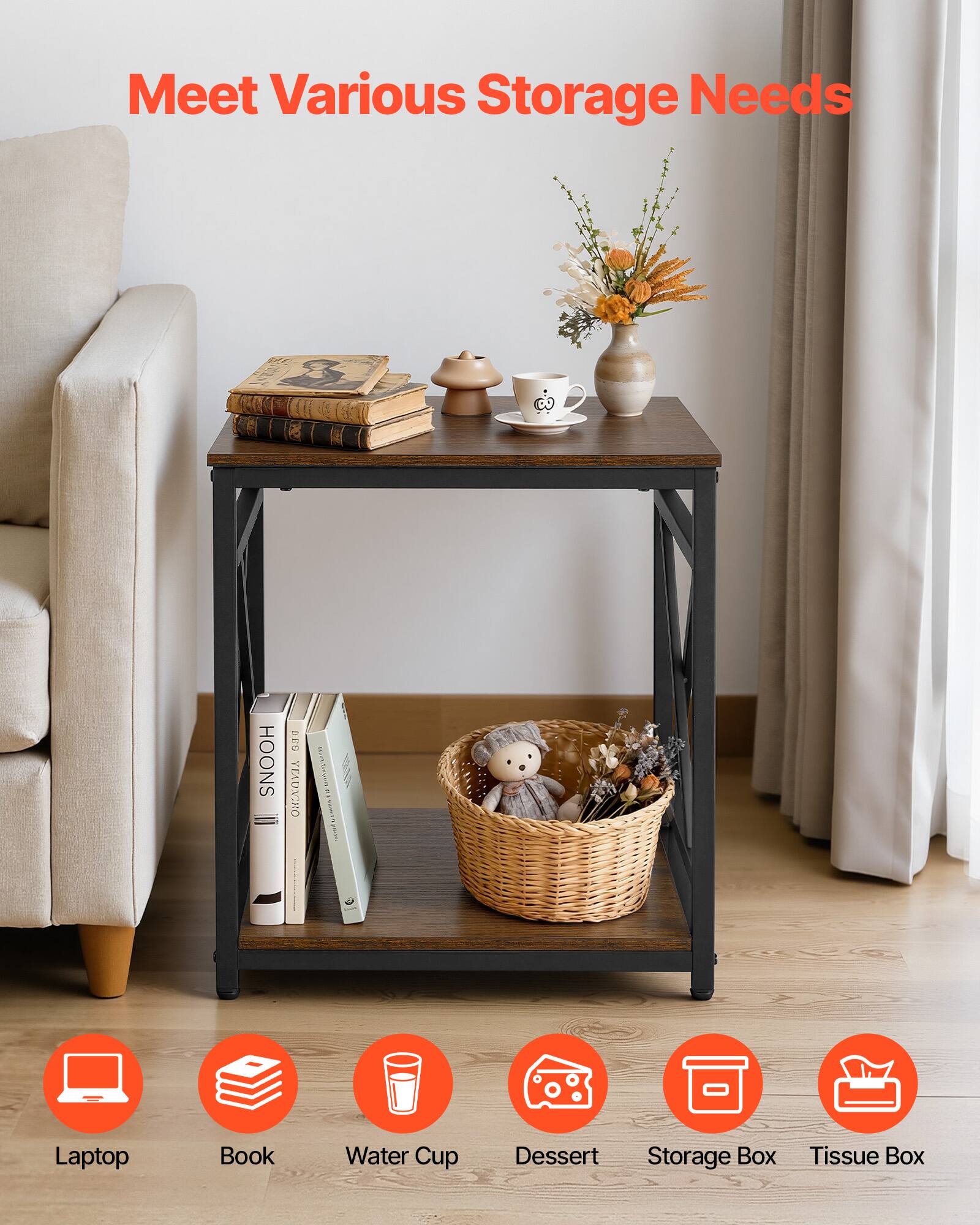 Meet Various Storage Needs

- Laptop
- Book
- Water Cup
- Dessert
- Storage Box
- Tissue Box