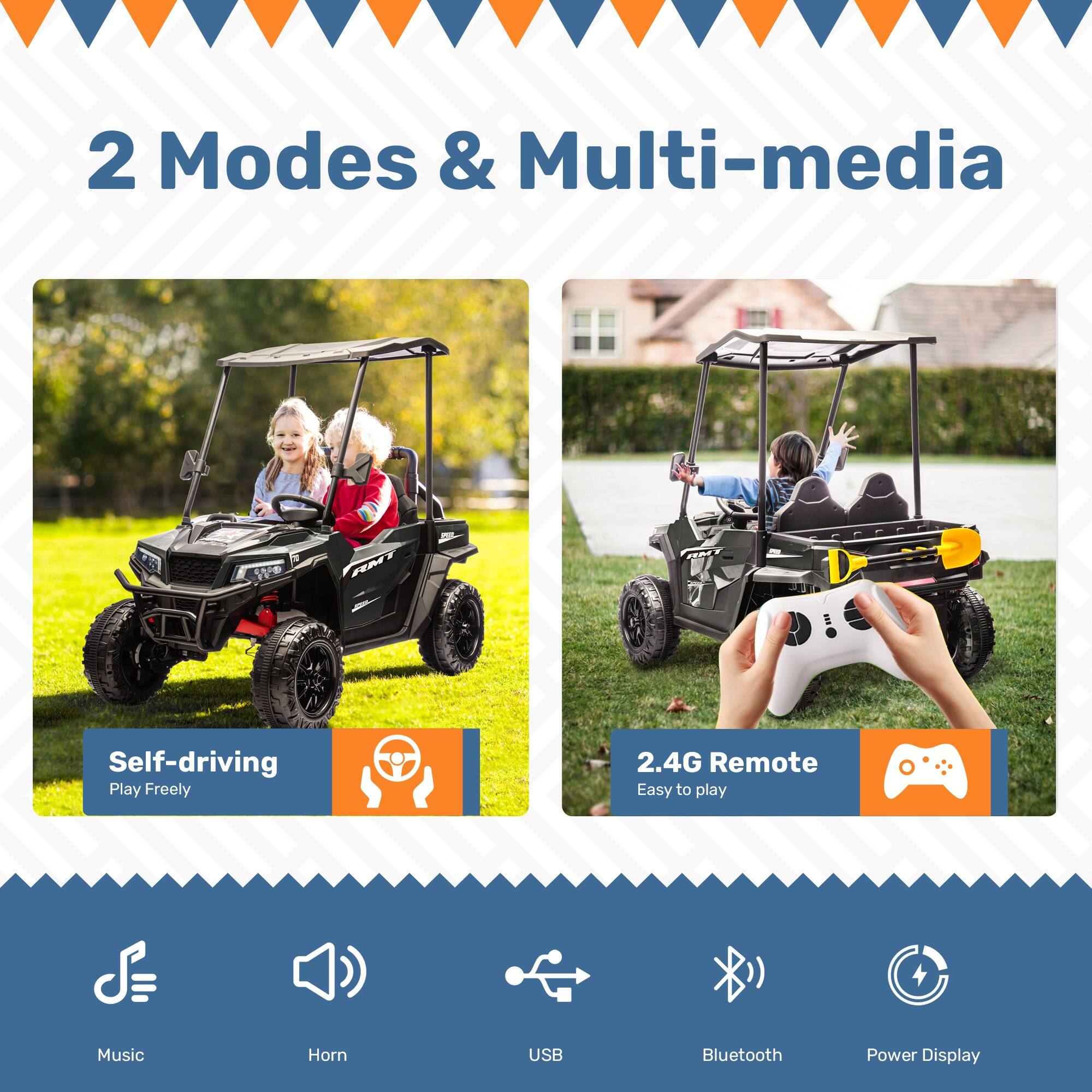 2 Modes & Multi-media

Self-driving  
Play Freely

2.4G Remote  
Easy to play

Music  
Horn  
USB  
Bluetooth  
Power Display