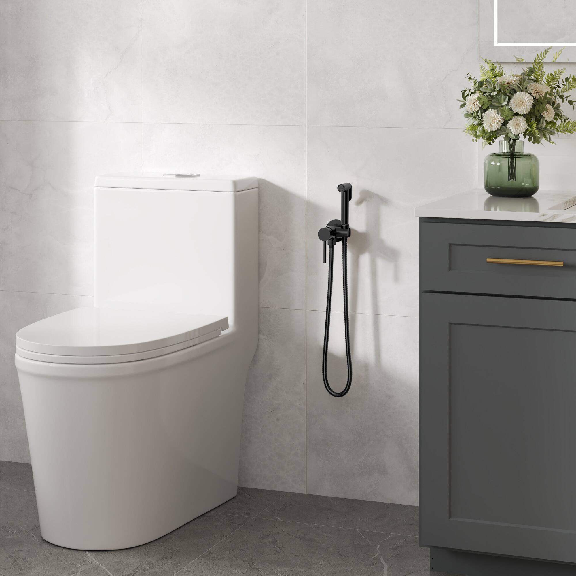 Angle. GRANDJOY - Handheld Bidet Faucet with Hot and Cold Mixing Valve, Wall Mount  - Matte Black.