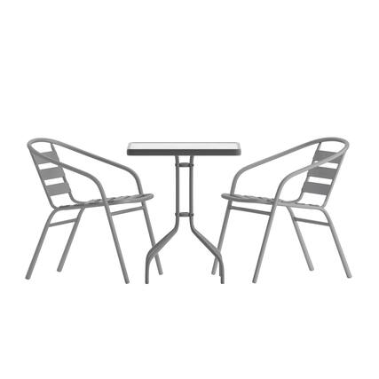 Front. Emma + Oliver - Rhea 23.5'' Square Glass Top Metal Table with 2 Aluminum Slat Stack Chairs - Silver.