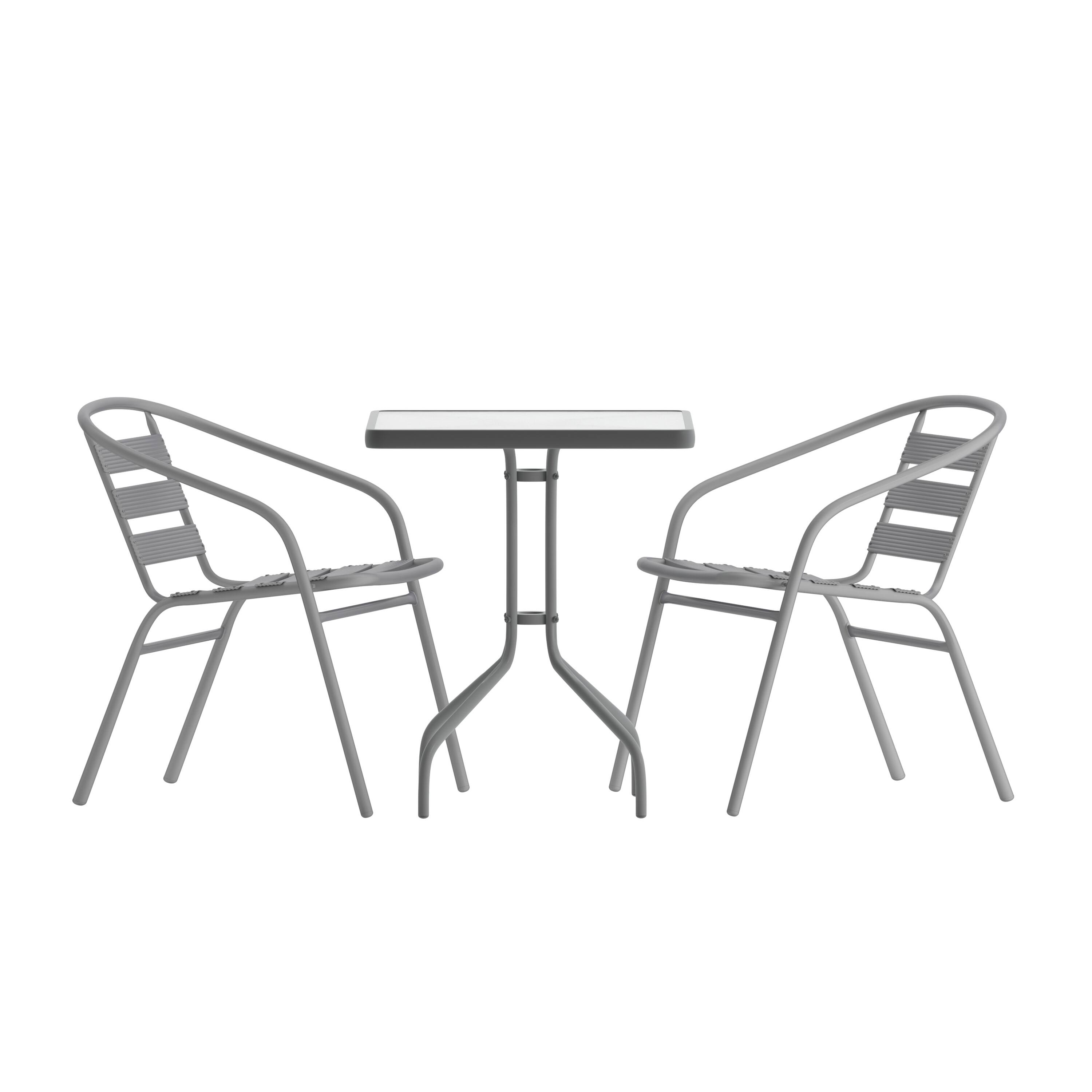 Front. Emma + Oliver - Rhea 23.5'' Square Glass Top Metal Table with 2 Aluminum Slat Stack Chairs - Silver.