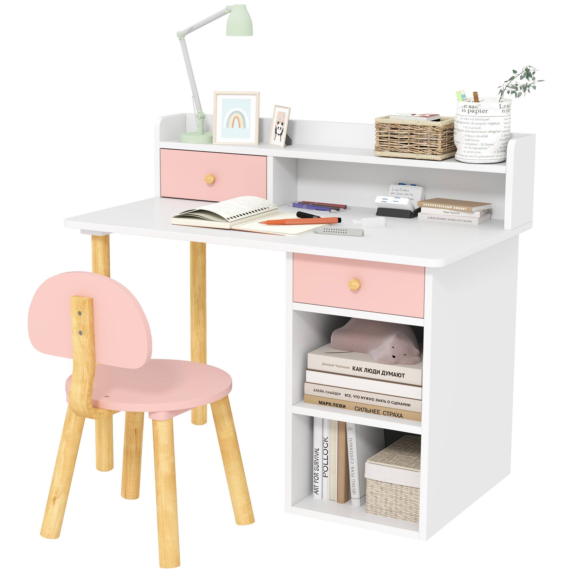 Qaba - Kids Desk and Chair Set, Kids Study Desk with Storage, Hutch, Student Writing Desk for Bedroom & Study Room - Pink