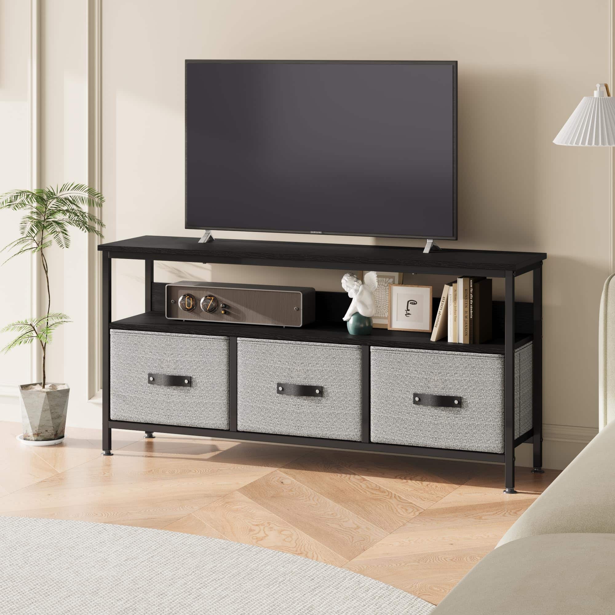 GAOMON - 47.2" Dresser TV Stand for 55" TV, Entertainment Center with Storage, Drawers & Open Shelves - Black Top & Grey Drawers