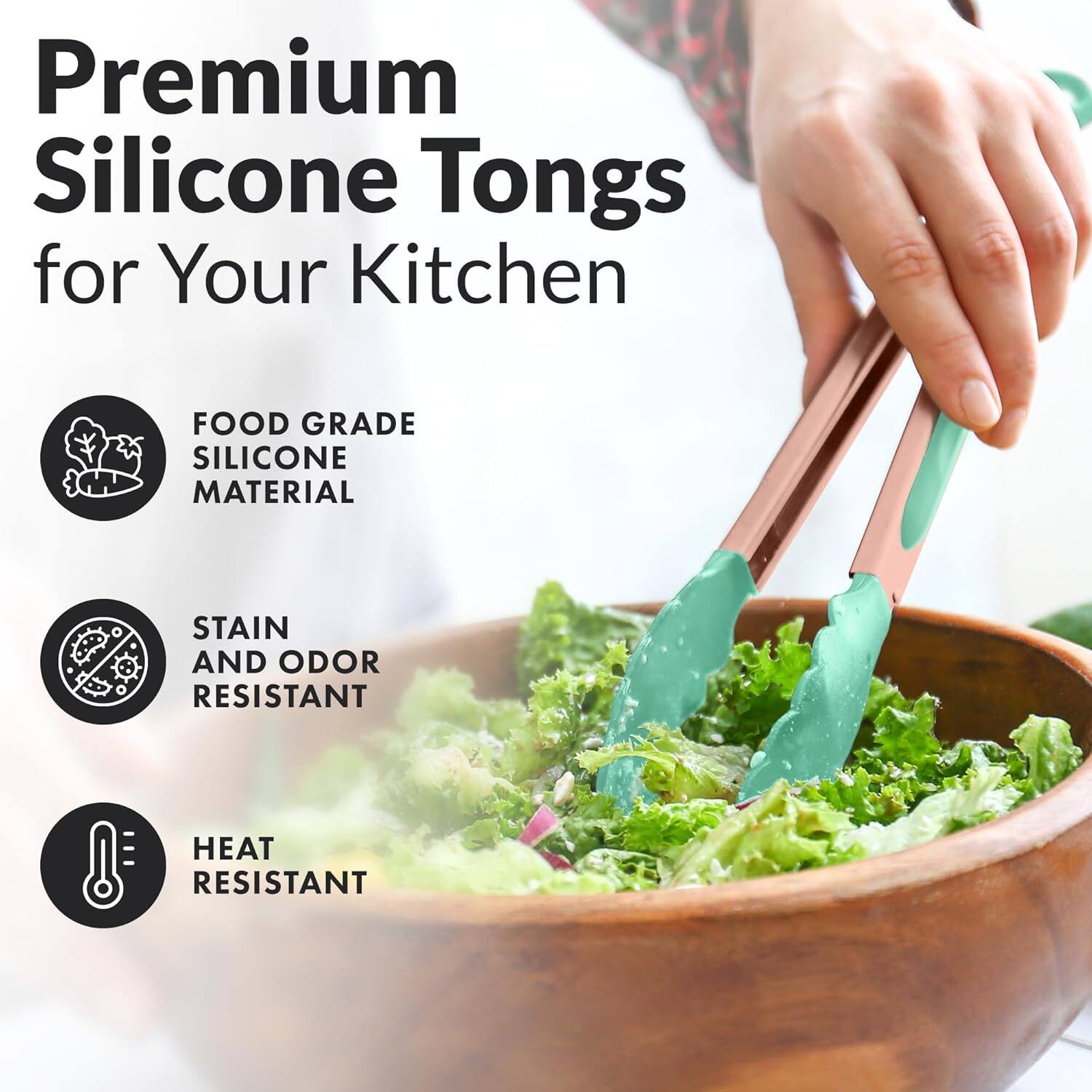 Premium Silicone Tongs for Your Kitchen, FOOD GRADE SILICONE MATERIAL, STAIN AND ODOR RESISTANT, HEAT RESISTANT