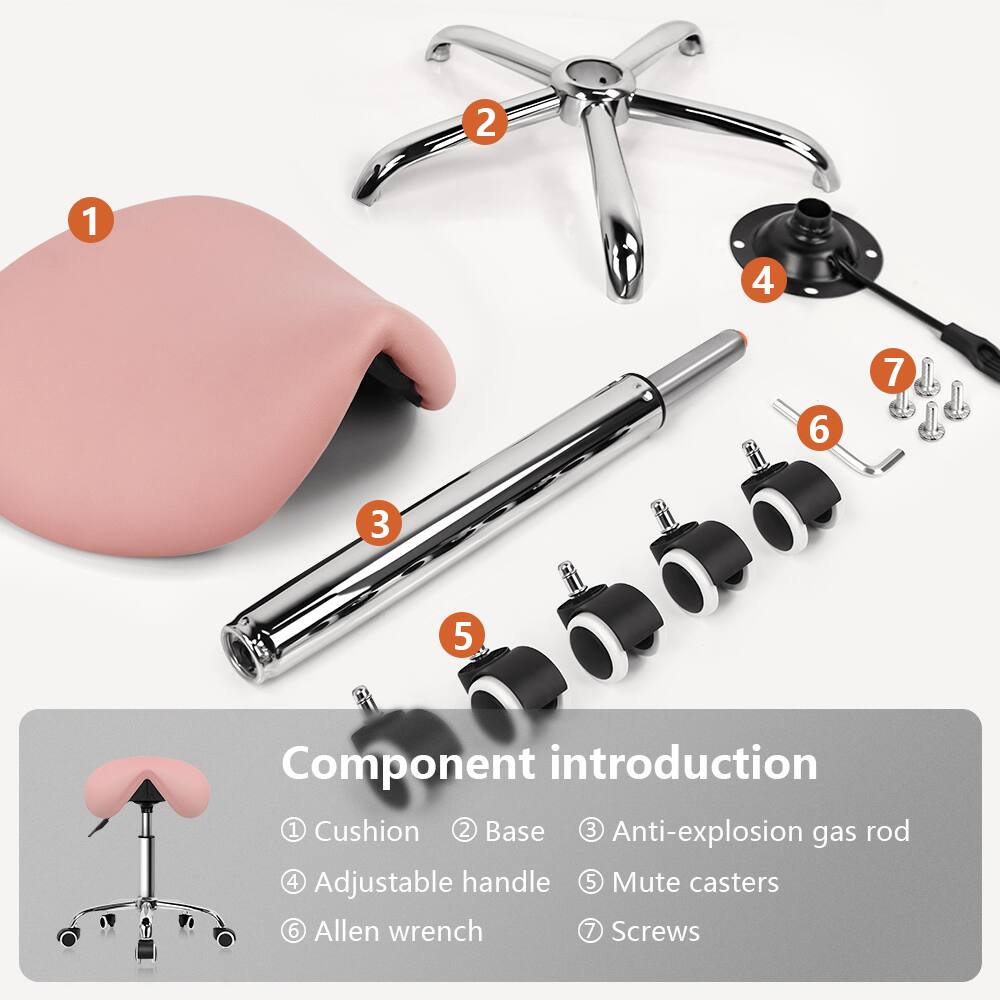 Component introduction

1. Cushion
2. Base
3. Anti-explosion gas rod
4. Adjustable handle
5. Mute casters
6. Allen wrench
7. Screws