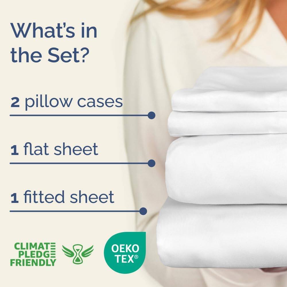 What's in the Set?

- 2 pillow cases
- 1 flat sheet
- 1 fitted sheet

CLIMATE PLEDGE FRIENDLY

OEKO TEX