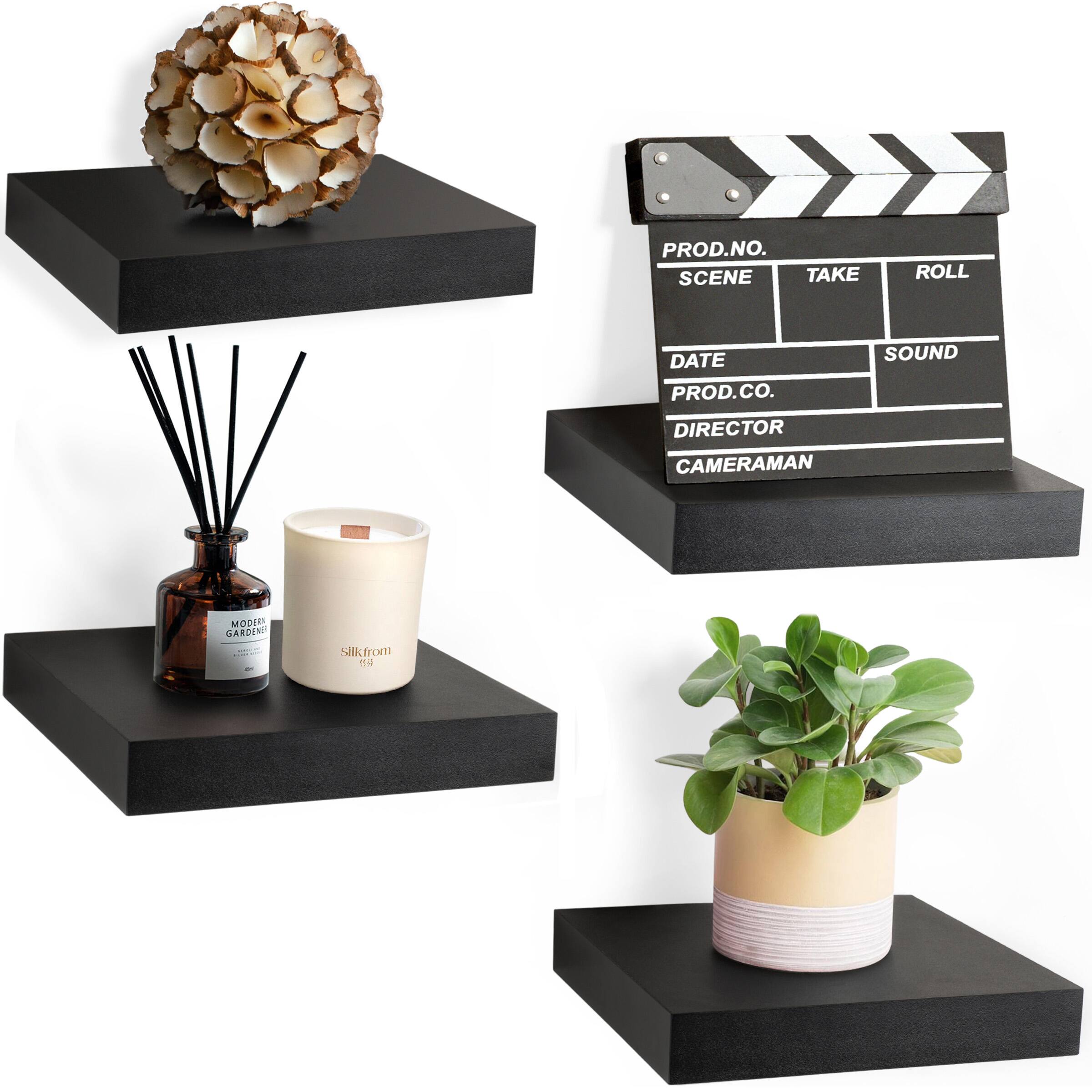 Sorbus - 9 Inch 4 Pack Wall Mounted Floating Square Shelves - for Bedroom, Kitchen, Living Room, Bathroom - Black