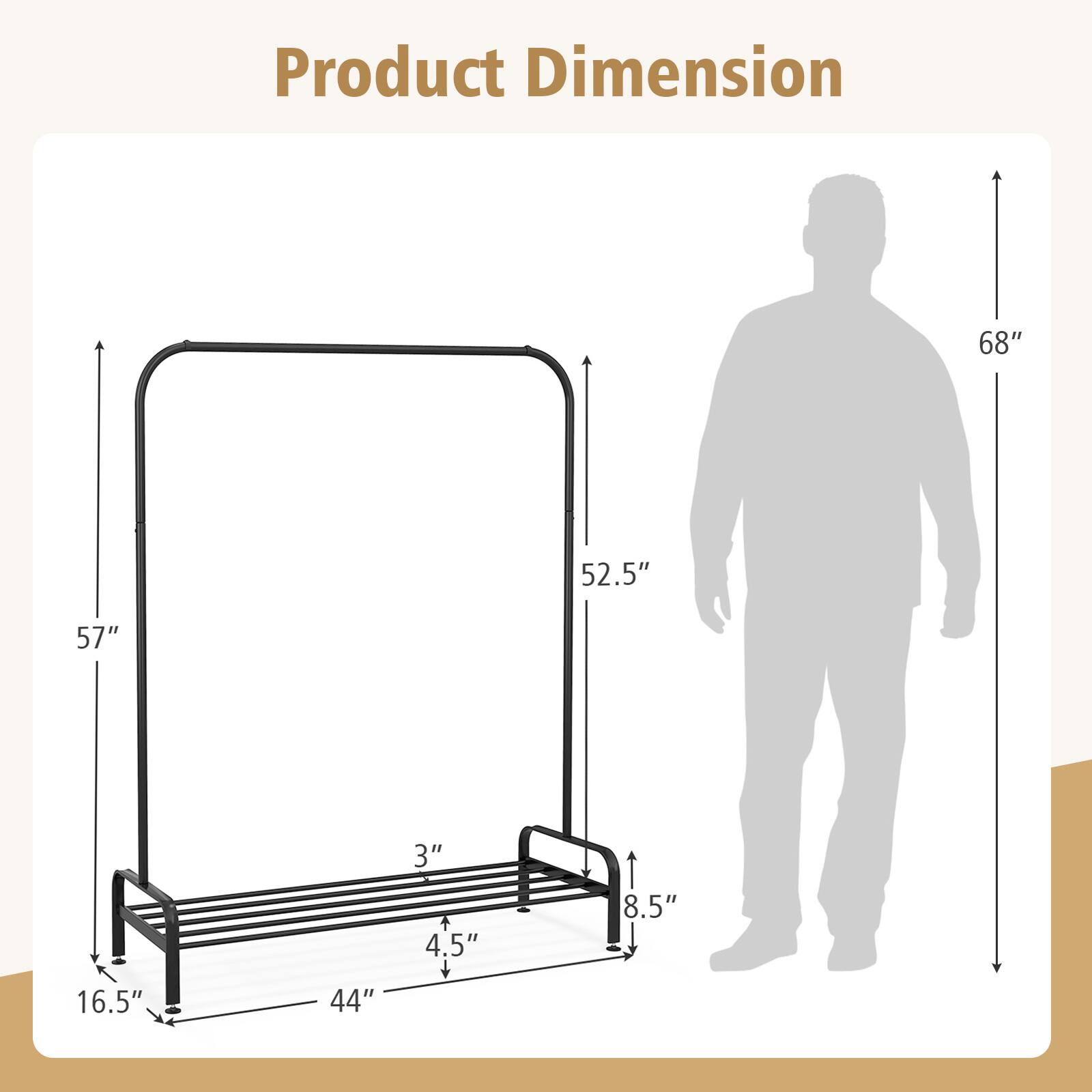Product Dimension: 68", 52.5", 57", 16.5", 44", 8.5", 3", 4.5"