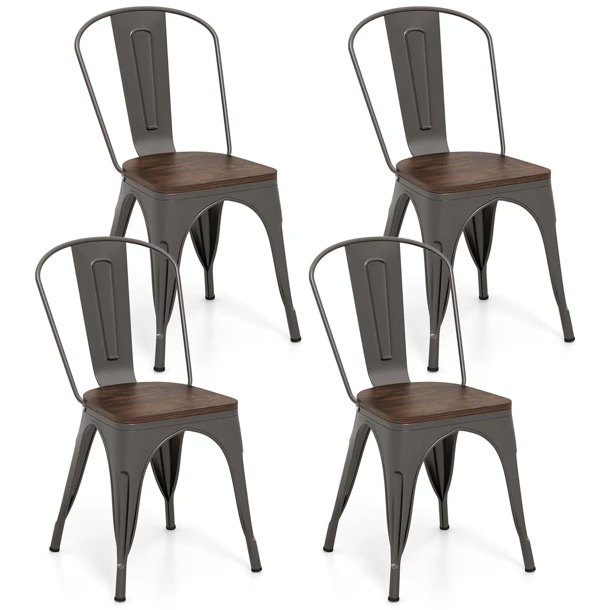 Gymax - Tolix Style Metal Dining Chairs Set of 4 w/ Wood Seat & Removable Backrest - Gun Color