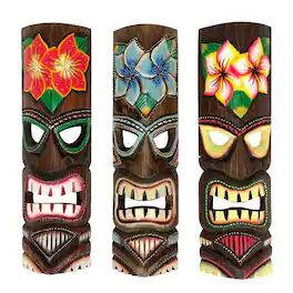Zeckos - Hand Carved Wooden Tiki Mask Wall Sculptures Set of 3 Tropical 19 Inch - Multicolored