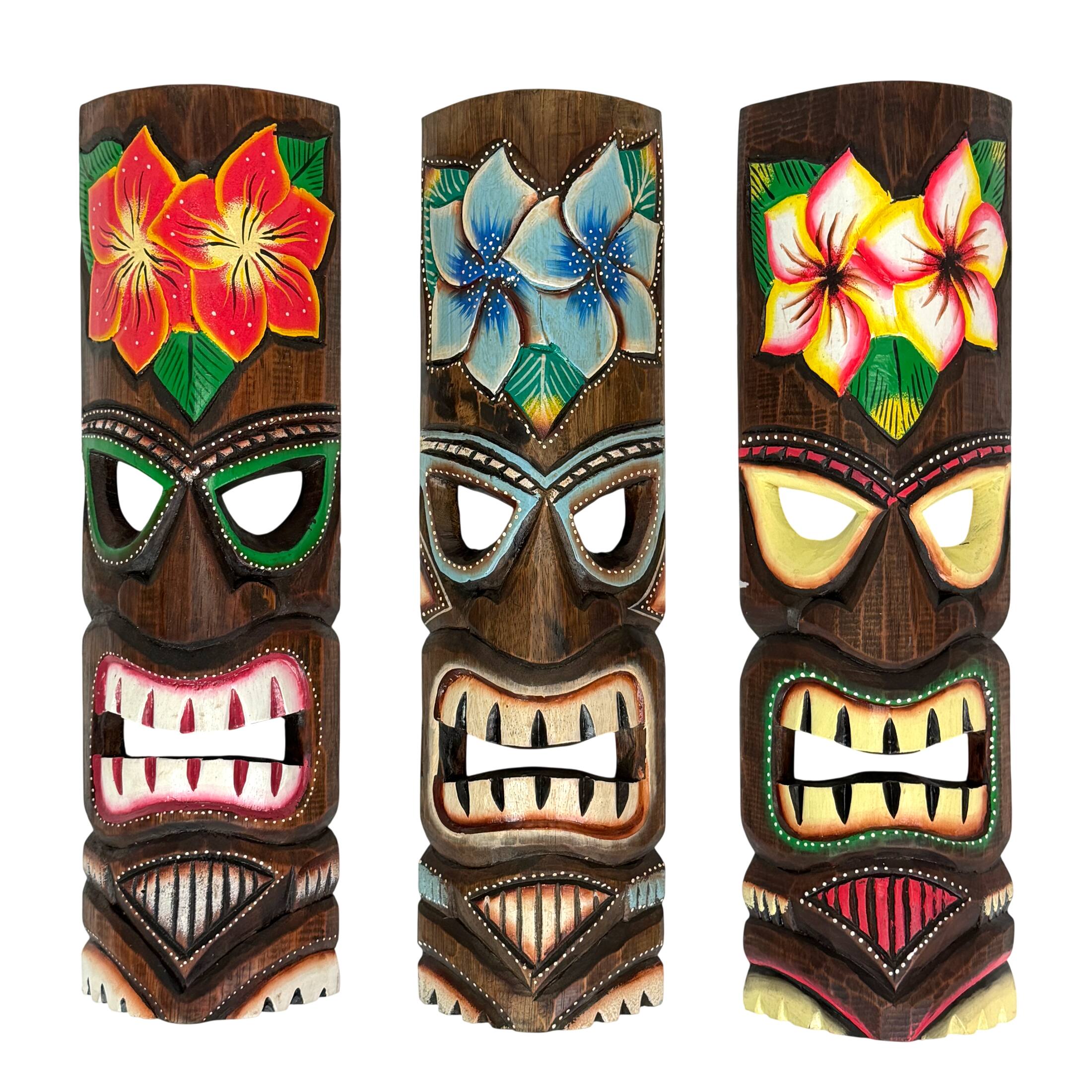 Front. Zeckos - Hand Carved Wooden Tiki Mask Wall Sculptures Set of 3 Tropical 19 Inch - Multicolored.