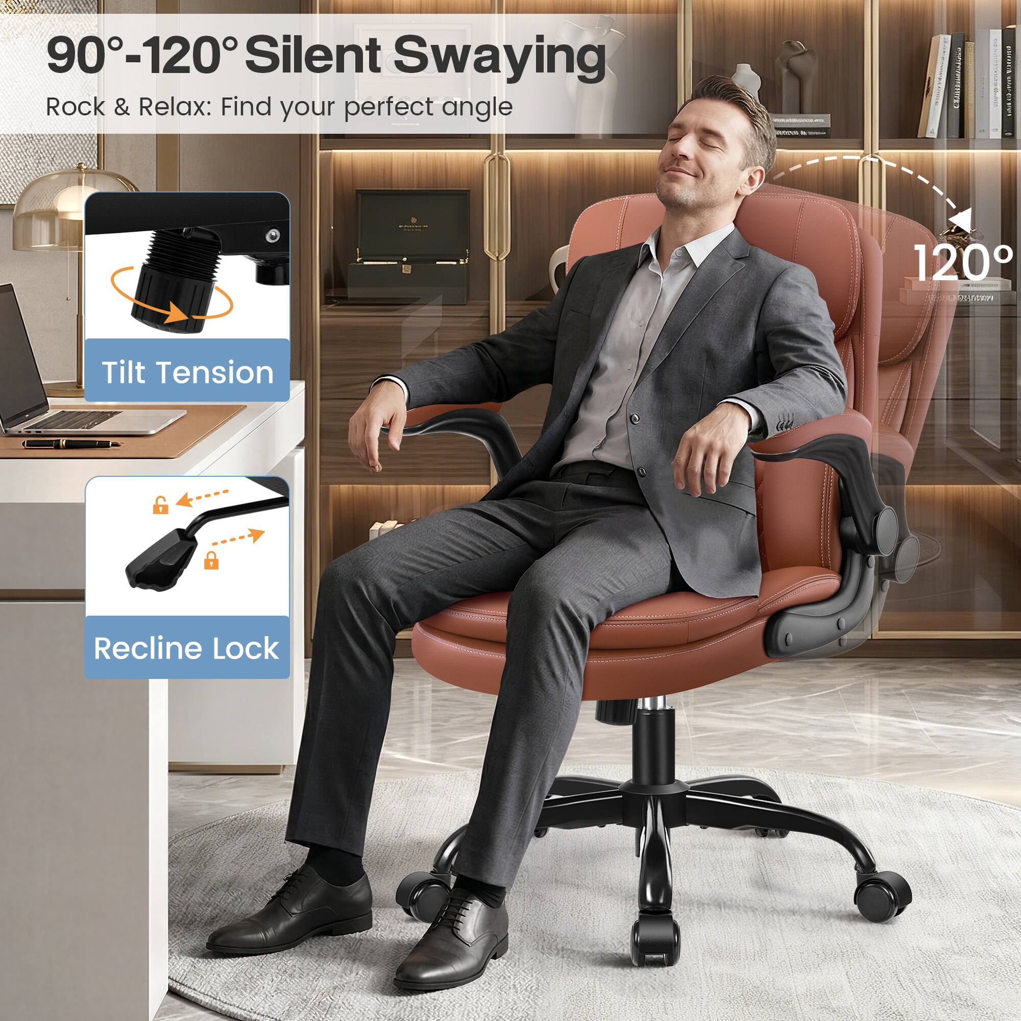 90°-120° Silent Swaying  
Rock & Relax: Find your perfect angle  

Tilt Tension  
Recline Lock