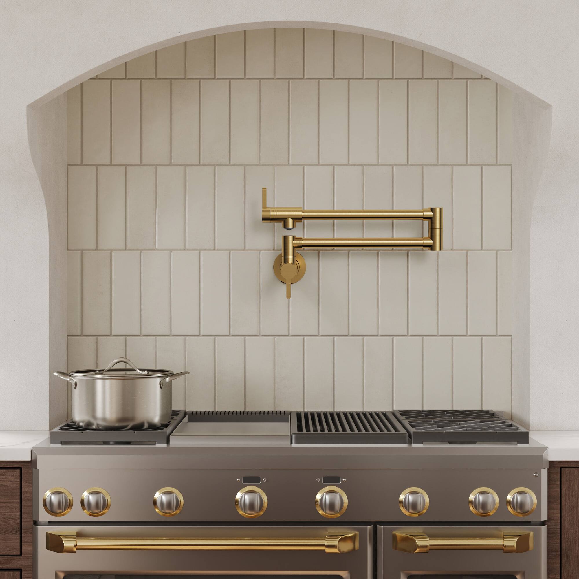 Angle. GRANDJOY - Wall Mount Pot Filler Faucet, Dual Swing Joints Foldable Spout, Solid Brass for Kitchen Stove - Brushed Gold.