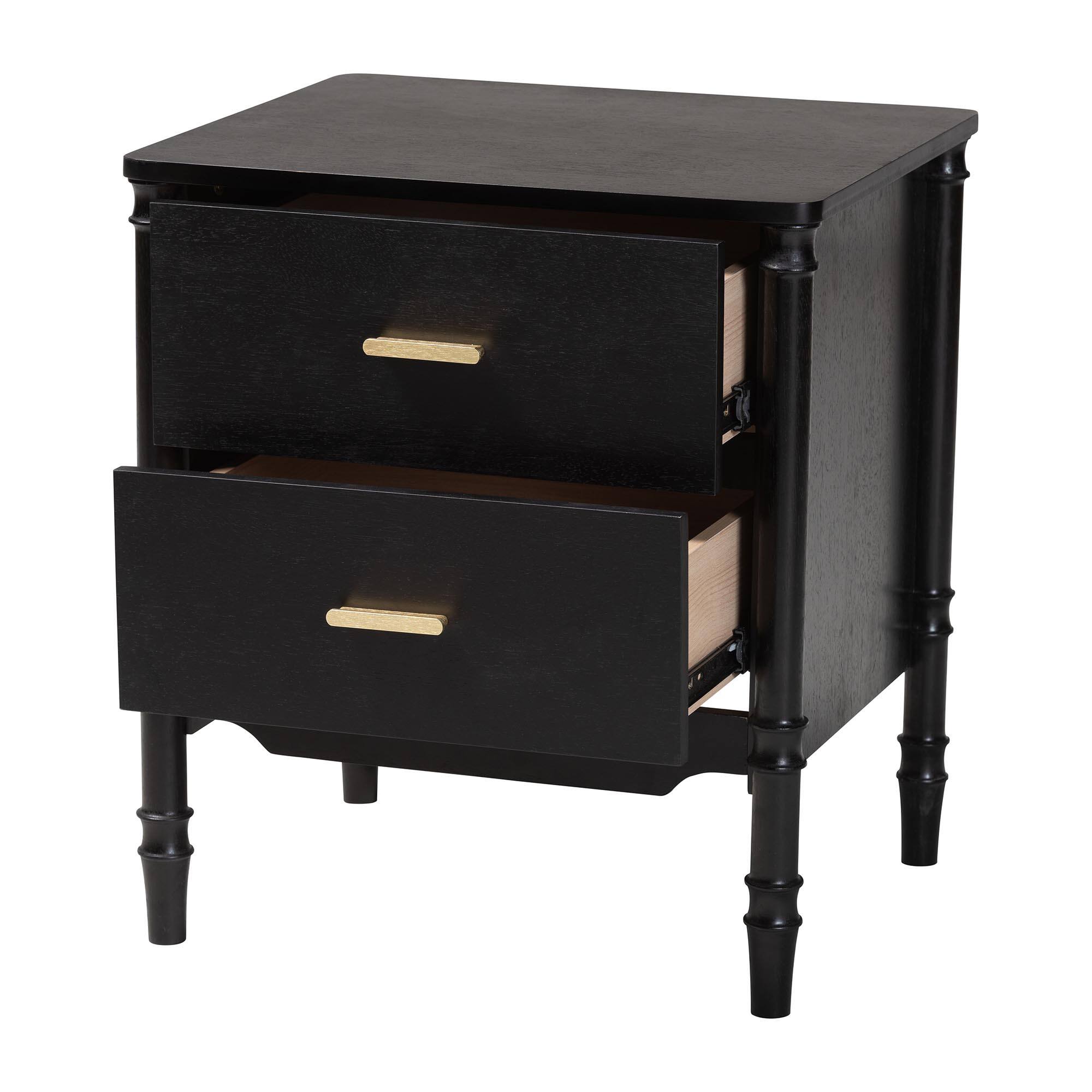 Angle. Baxton Studio - Marisela Wood Nightstand with Gold Handles - 2-Drawer Bedside Table with Bamboo-Inspired Legs - Black.