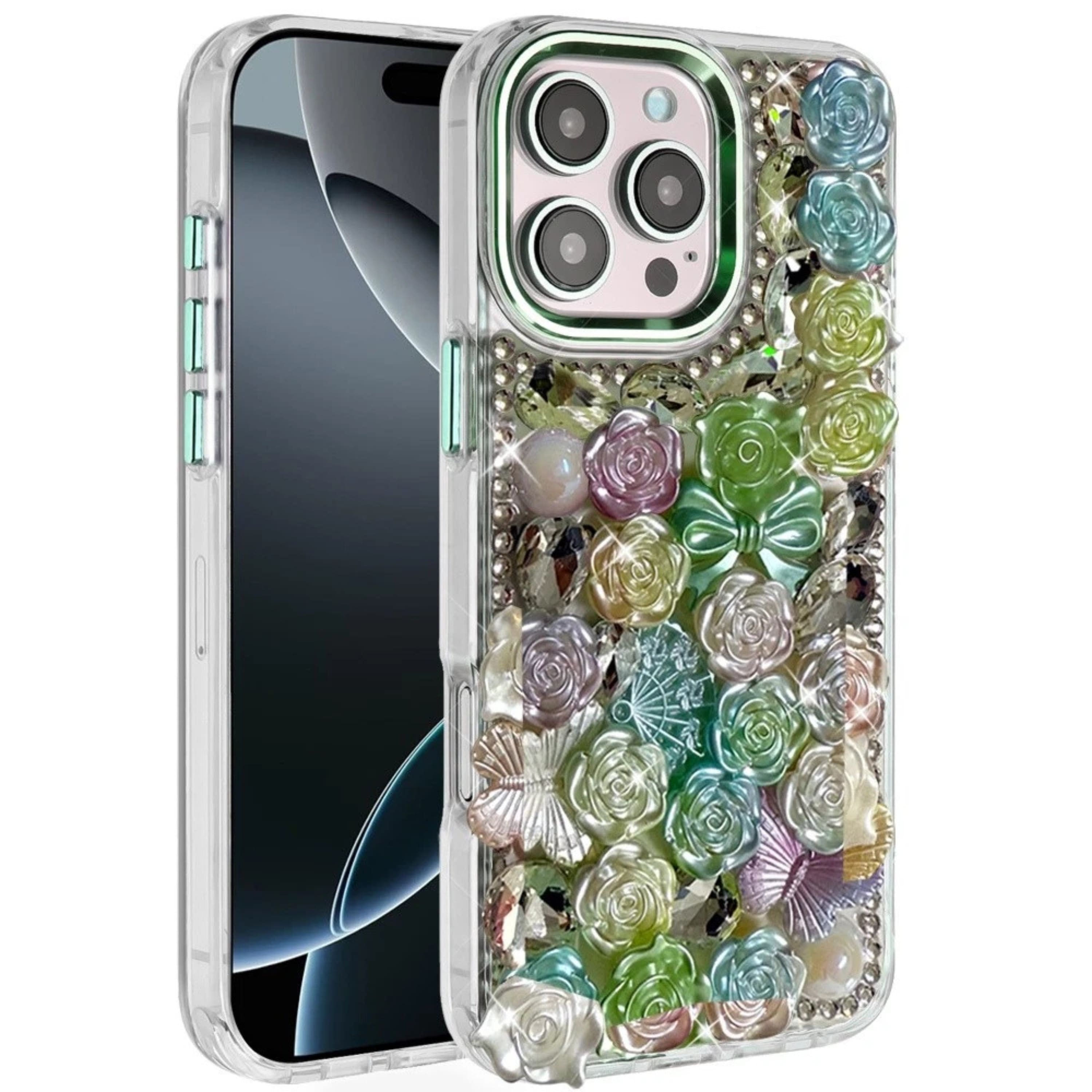 Kitcheniva - 3D Rose Arrangement Bling Case With Tempered Glass For iPhone 16 Pro Max - Green price history on PriceWatchPro