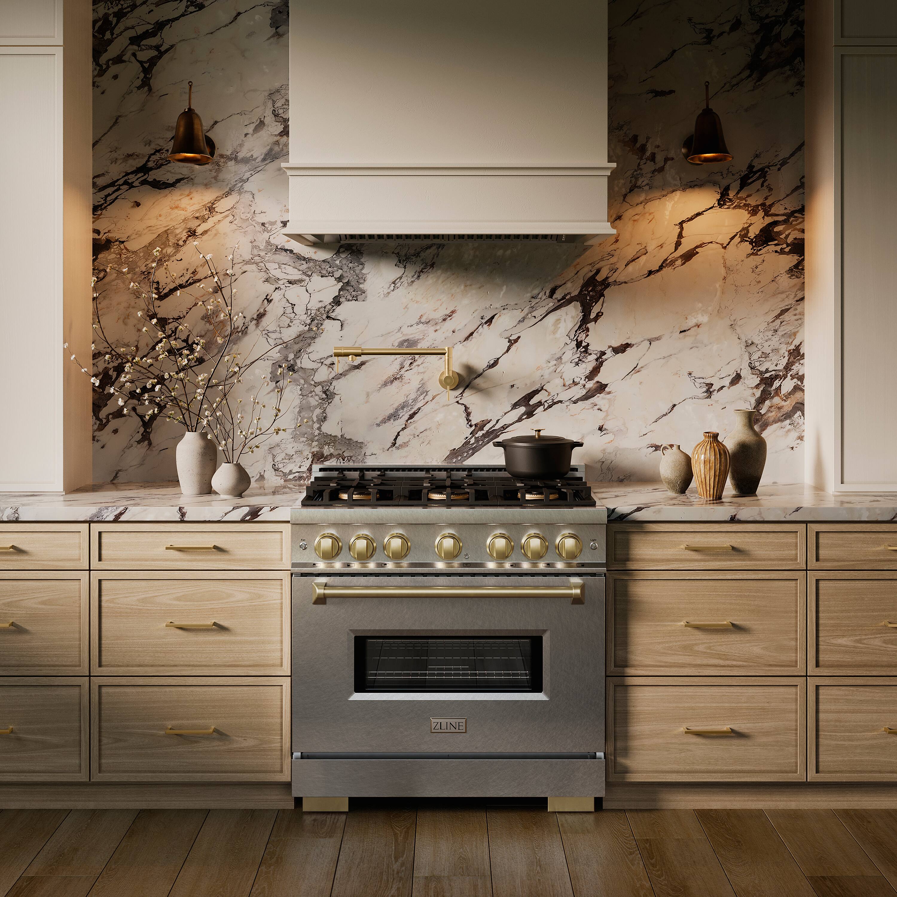 Alt View 5. ZLINE - Autograph 36 in. 5.2 cu. ft. Classic Freestanding DuoPro Gas Range w/ Convection Oven in Satin Steel & Bronze Accents - Satin Stainless Steel.
