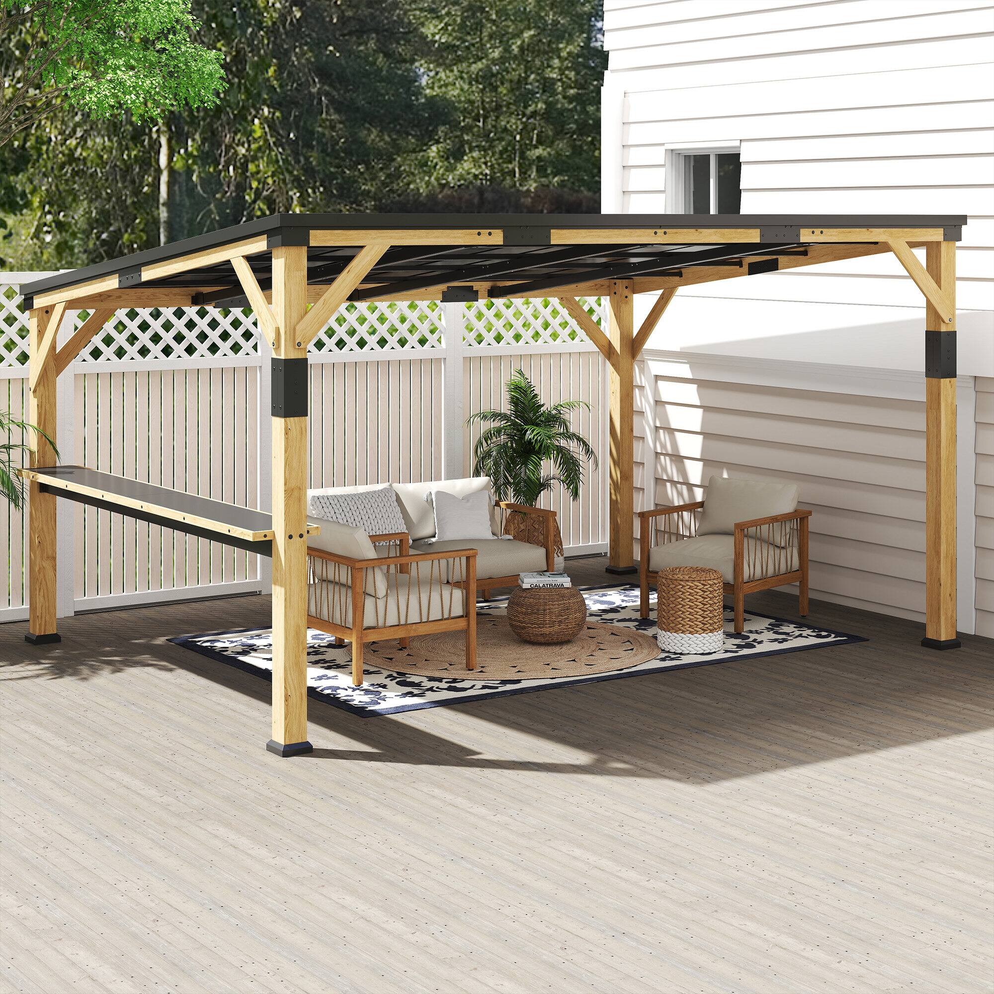 Alt View 7. Outsunny - 10' x 14' Wooden Gazebo, Hardtop Lean-to Gazebo Pergola with Galvanized Steel Sloped Roof, Bar Shelf.