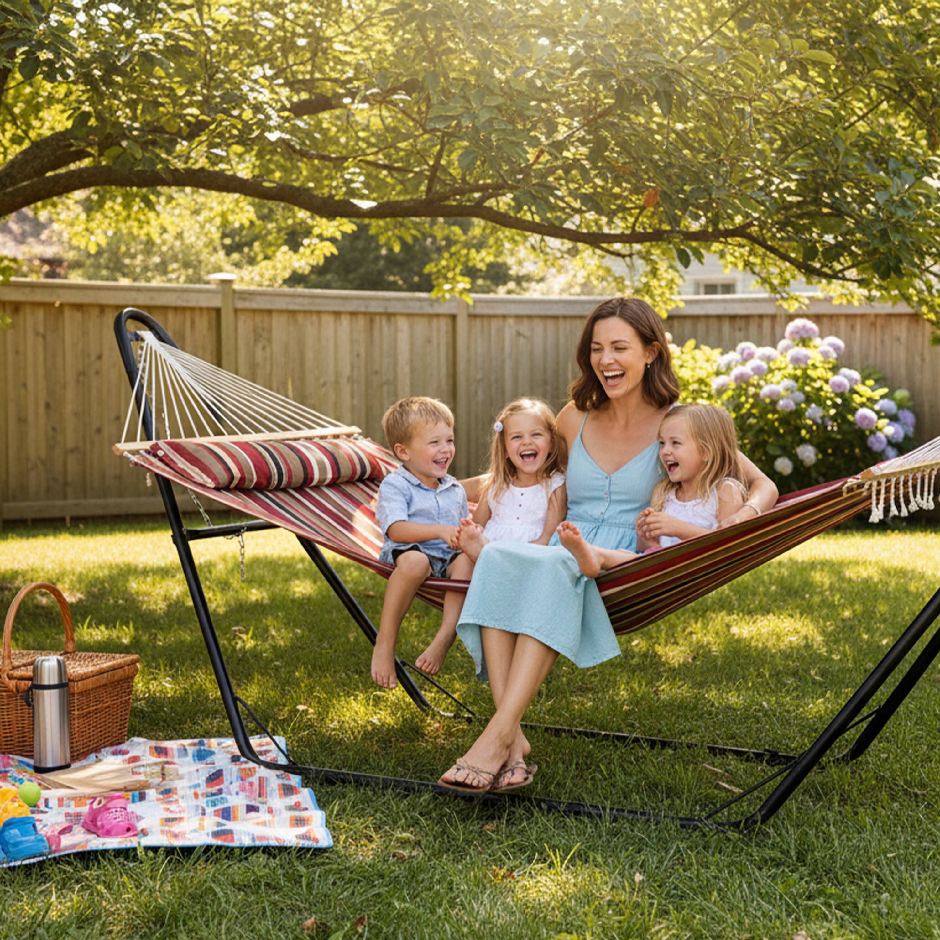 Alt View 9. Sunnydaze - Large Quilted Hammock with Universal Steel Stand - Awning Stripe.