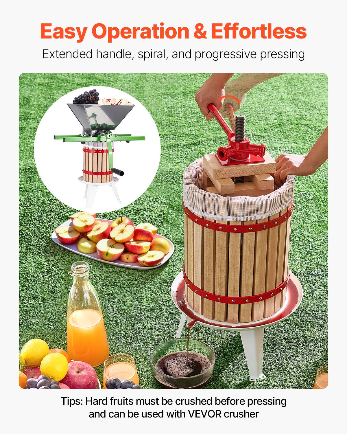 Easy Operation & Effortless  
Extended handle, spiral, and progressive pressing  

Tips: Hard fruits must be crushed before pressing and can be used with VEVOR crusher