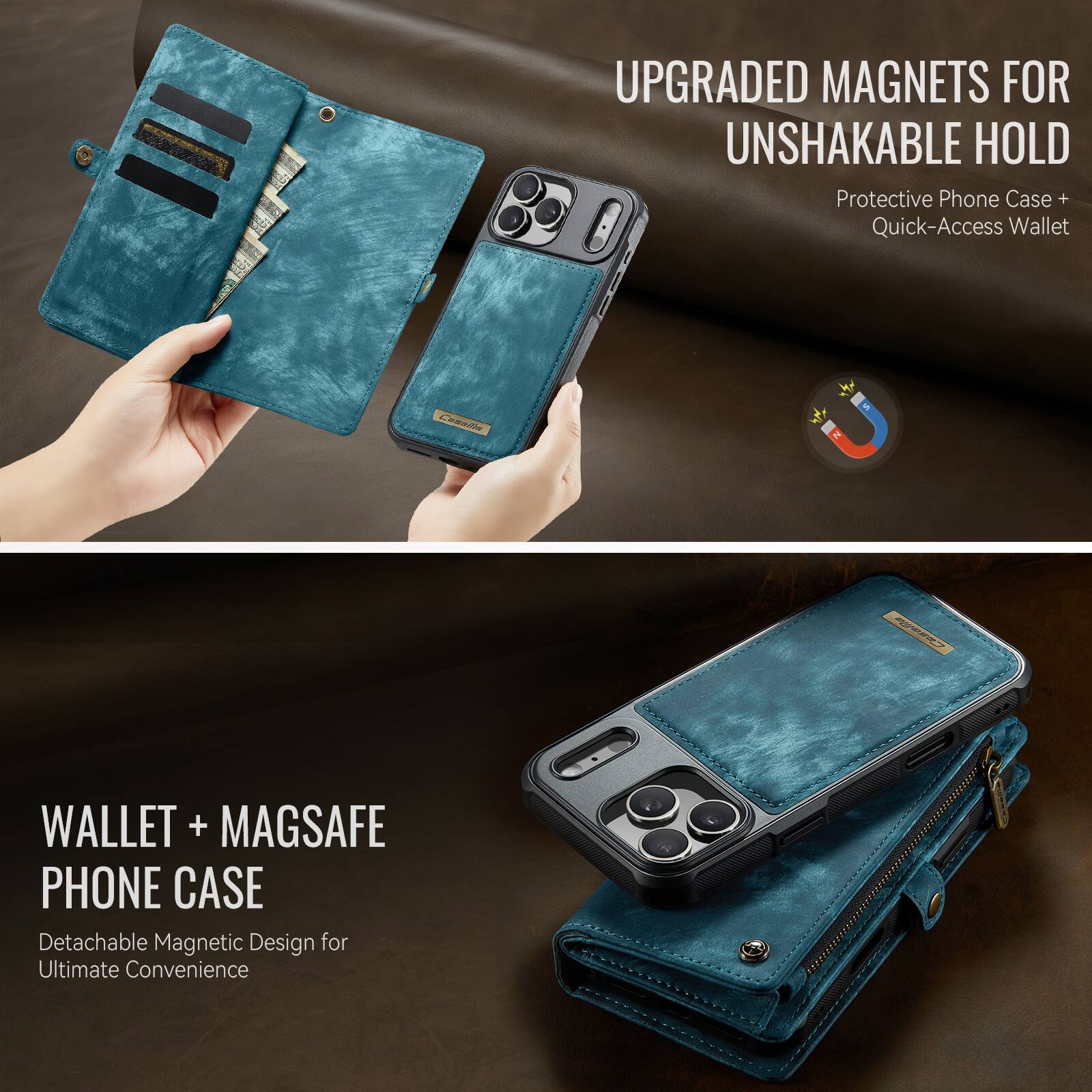 UPGRADED MAGNETS FOR UNSHAKABLE HOLD  
Protective Phone Case + Quick-Access Wallet  

WALLET + MAGSAFE PHONE CASE  
Detachable Magnetic Design for Ultimate Convenience