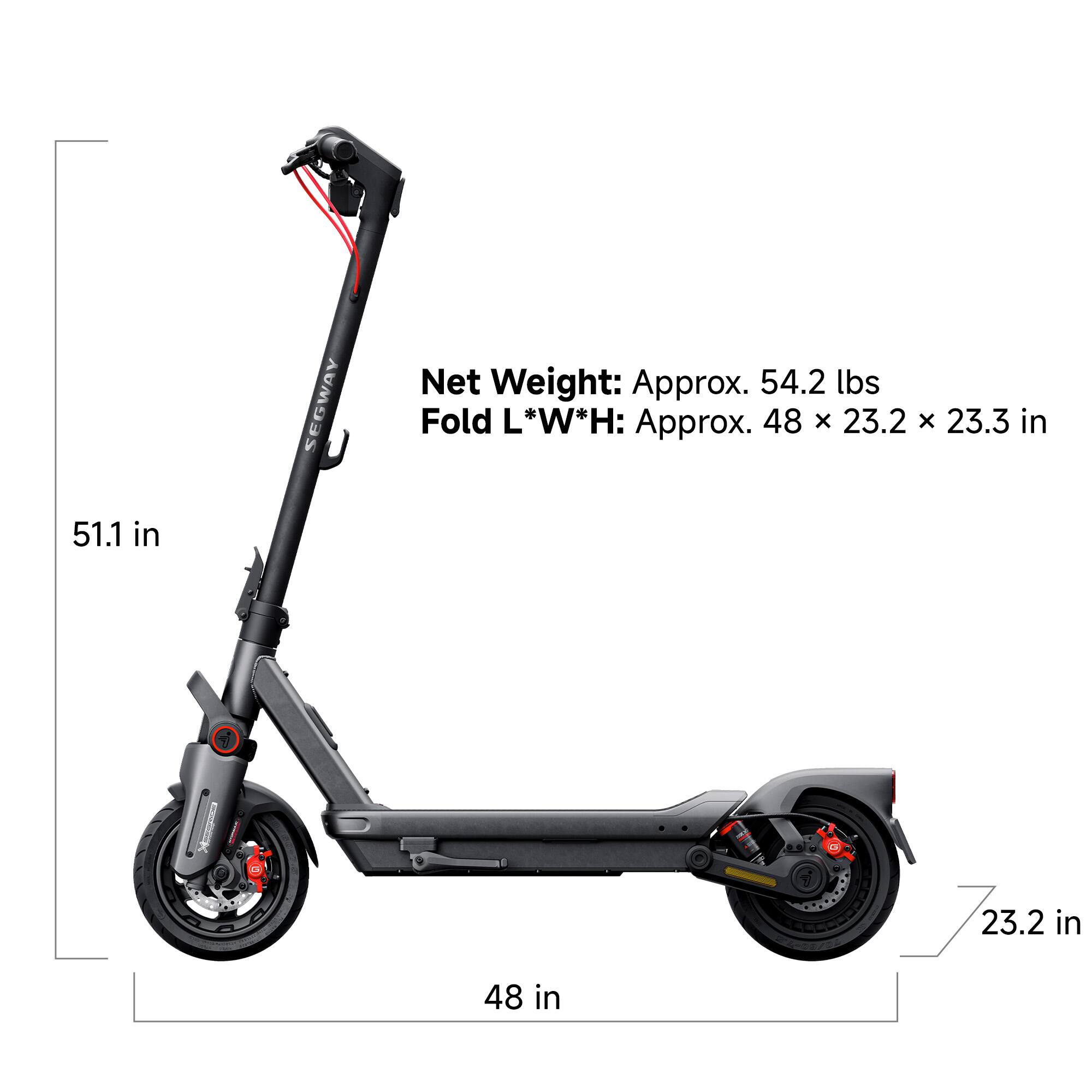 The text on the image reads:

SEGWAY Net Weight: Approx. 54.2 lbs
Fold L*W*H: Approx. 48 x 23.2 x 23.3 in
51.1 in
I 48 in
7 23.2 in