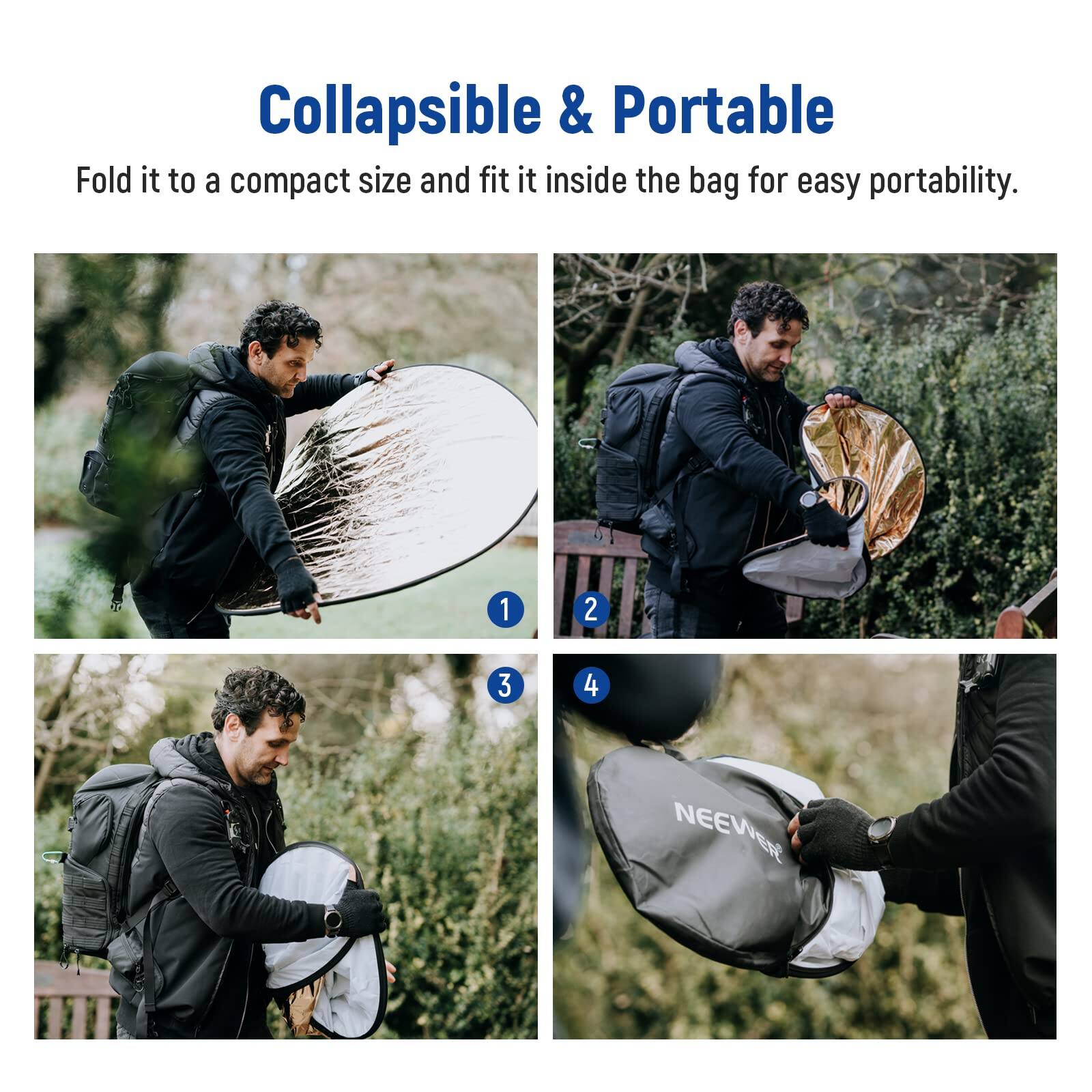 Collapsible & Portable  
Fold it to a compact size and fit it inside the bag for easy portability.  

1  
2  
3  
4  

NEEWER