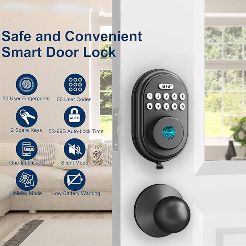 Safe and Convenient Smart Door Lock

- 50 User Fingerprints
- 50 User Codes
- 2 Spare Keys
- 5S-99S Auto-Lock Time
- One-time Code
- Silent Mode
- Holiday Mode
- Low Battery Warning