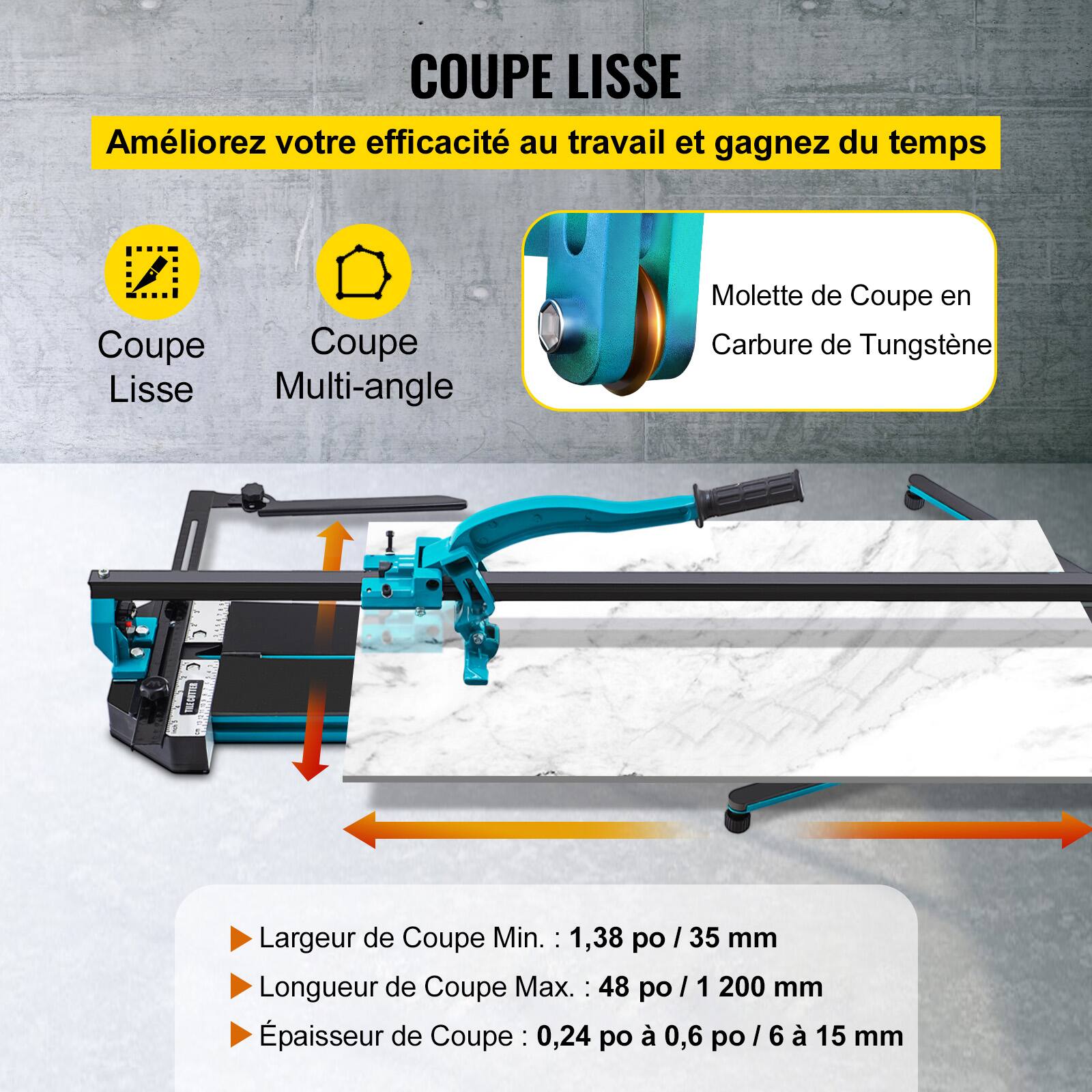 COUPE LISSE  
Améliorez votre efficacité au travail et gagnez du temps  

Coupe Lisse Multi-angle  
Mouette de Coupe en Carbure de Tungstène  

Largeur de Coupe Min. : 1,38 po / 35 mm  
Longueur de Coupe Max. : 48 po / 1 200 mm  
Épaisseur de Coupe : 0,24 po à 0,6 po / 6 à 15 mm