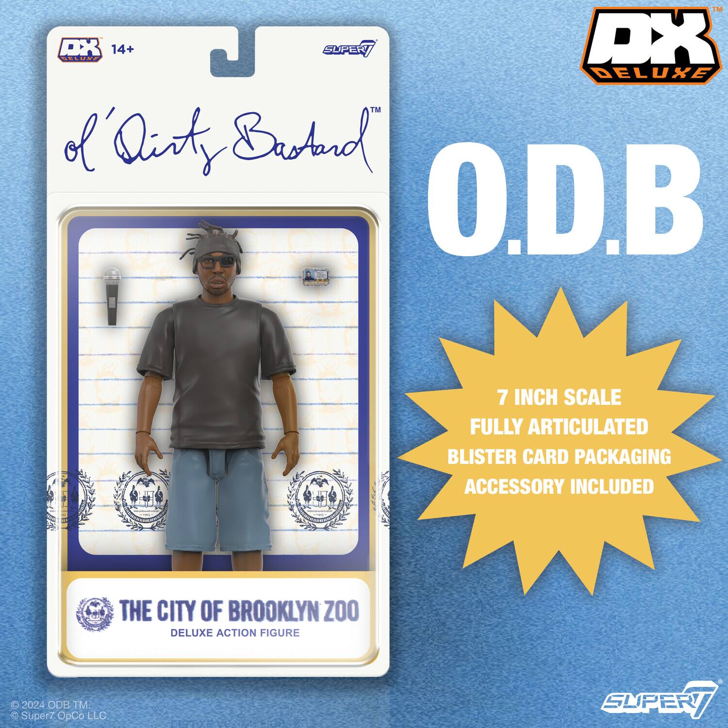 TM DX SELUNA 14+ SUPER DX DELUXE TM d'Oirty Baand O.D.B 7 INCH SCALE FULLY ARTICULATED BLISTER CARD PACKAGING ACCESSORY INCLUDED THE CITY OF BROOKLYN ZOO DELUXE ACTION FIGURE O 2024 ODB TM Super7 OpCo LLC SUPER