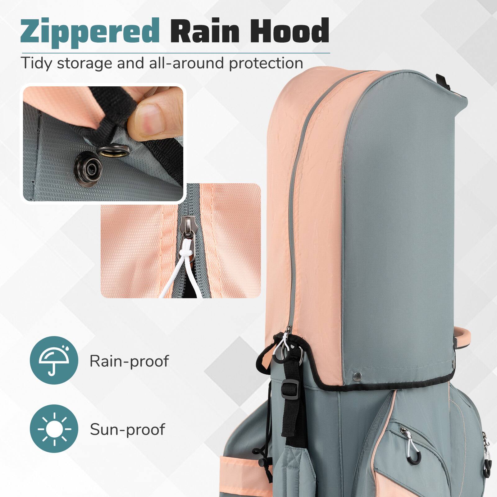 Zippered Rain Hood  
Tidy storage and all-around protection  

Rain-proof  
Sun-proof